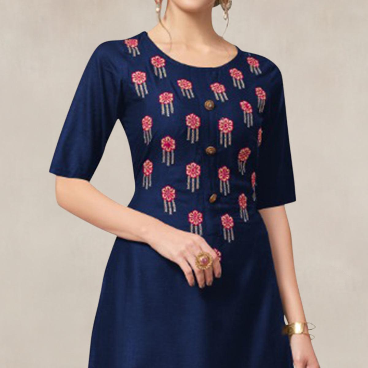 Navy Blue Casual Wear Embroidered Rayon Kurti-Palazzo Set - Peachmode