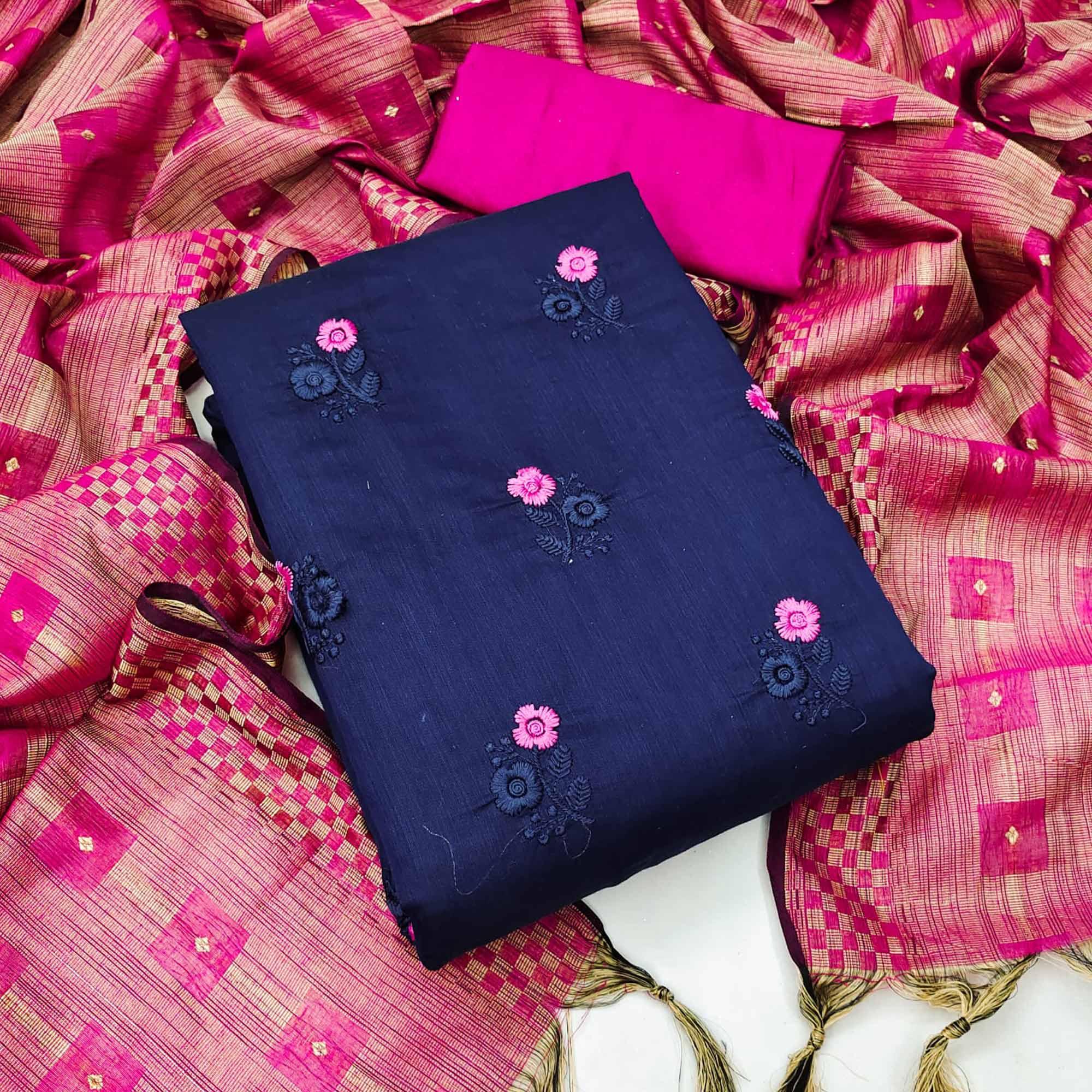Navy Blue Casual Wear Floral Embroidered Chanderi Dress Material - Peachmode