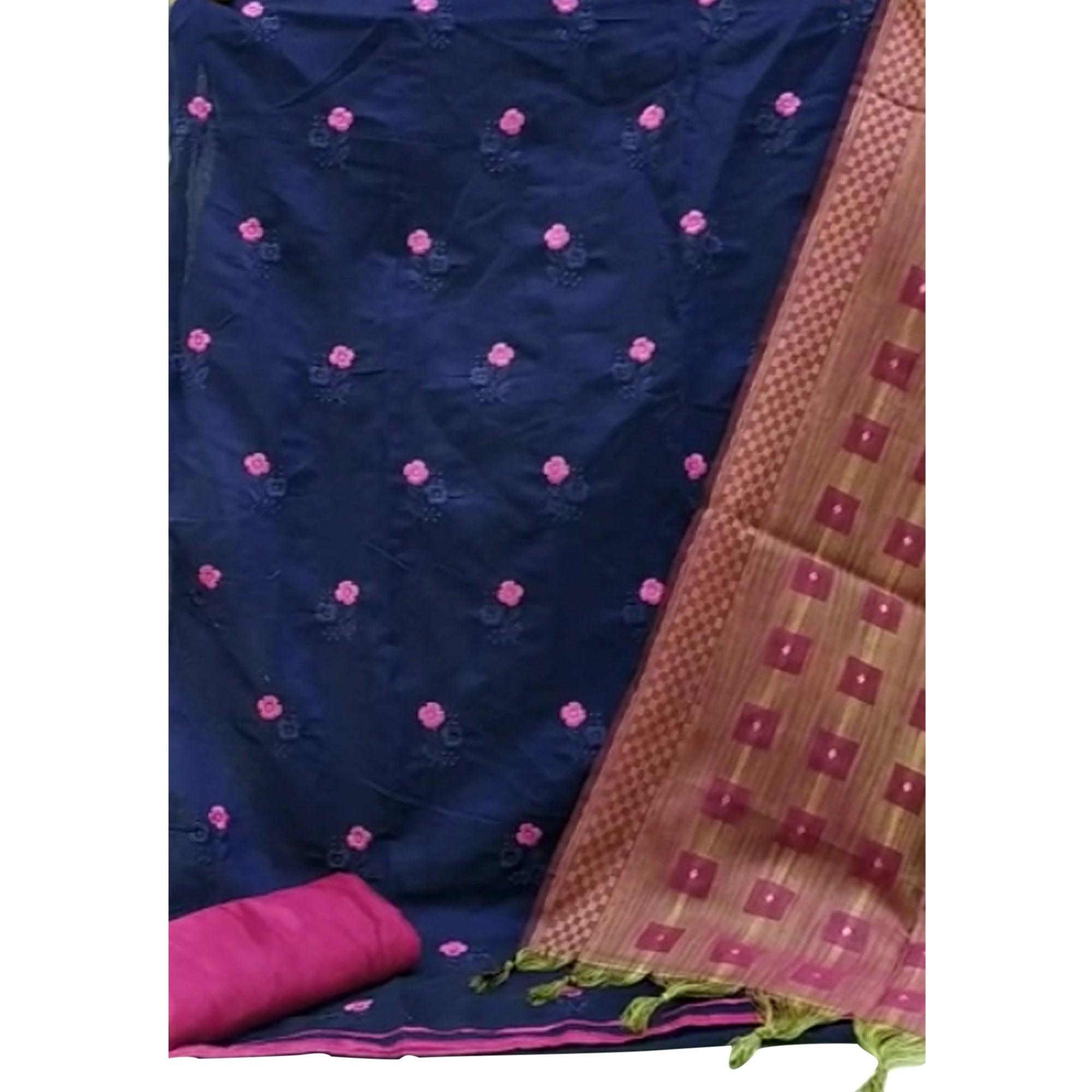Navy Blue Casual Wear Floral Embroidered Chanderi Dress Material - Peachmode