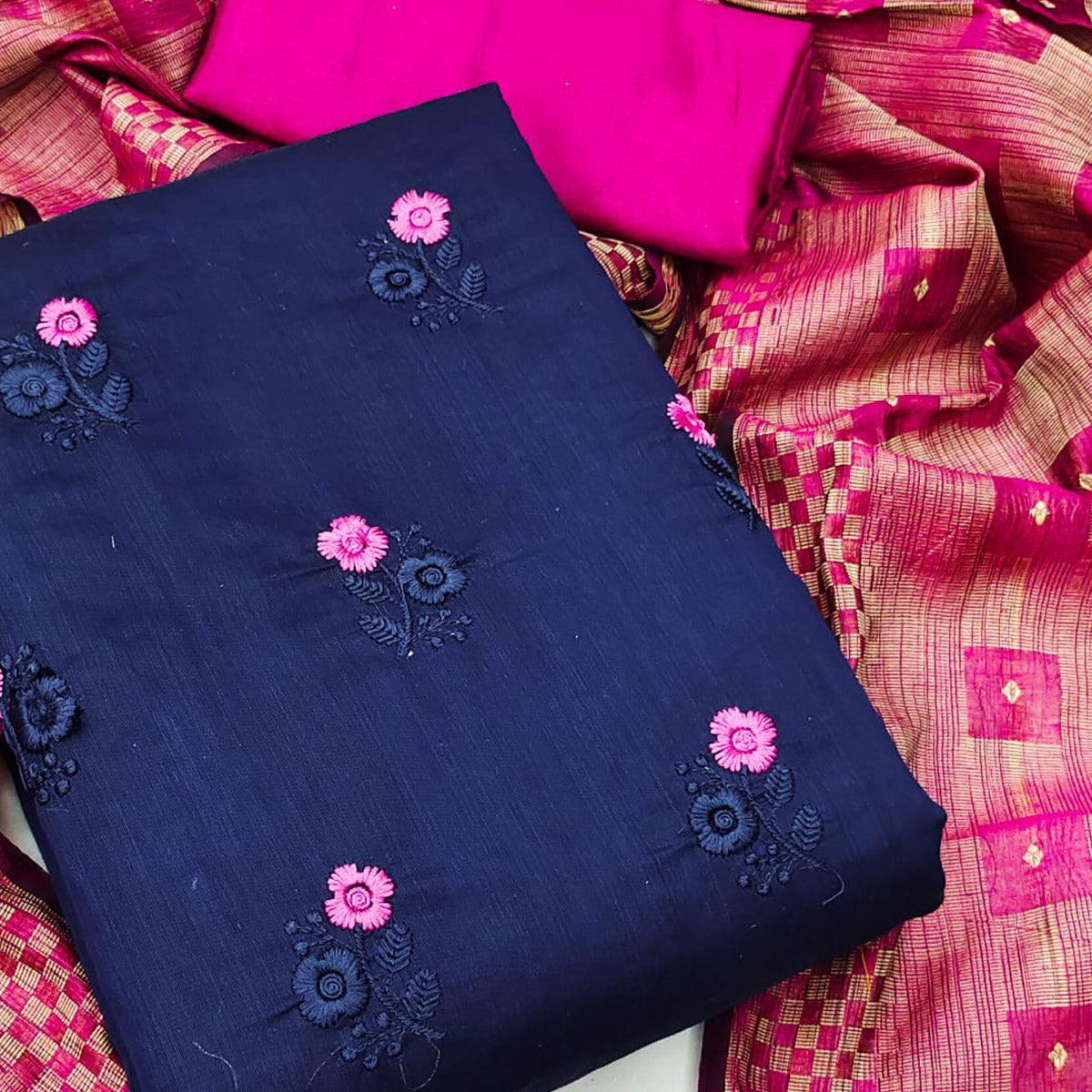 Navy Blue Casual Wear Floral Embroidered Chanderi Dress Material - Peachmode