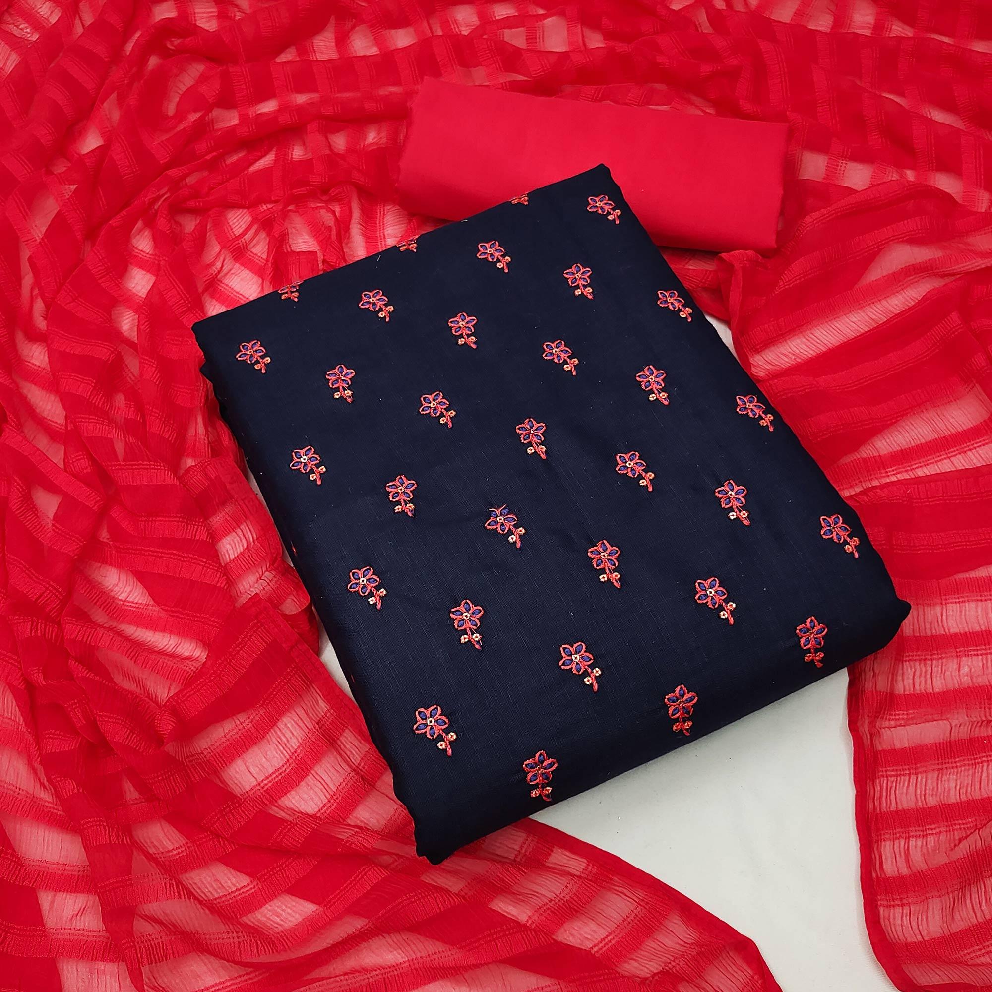 Navy Blue Casual Wear Floral Embroidered Cotton Dress Material - Peachmode