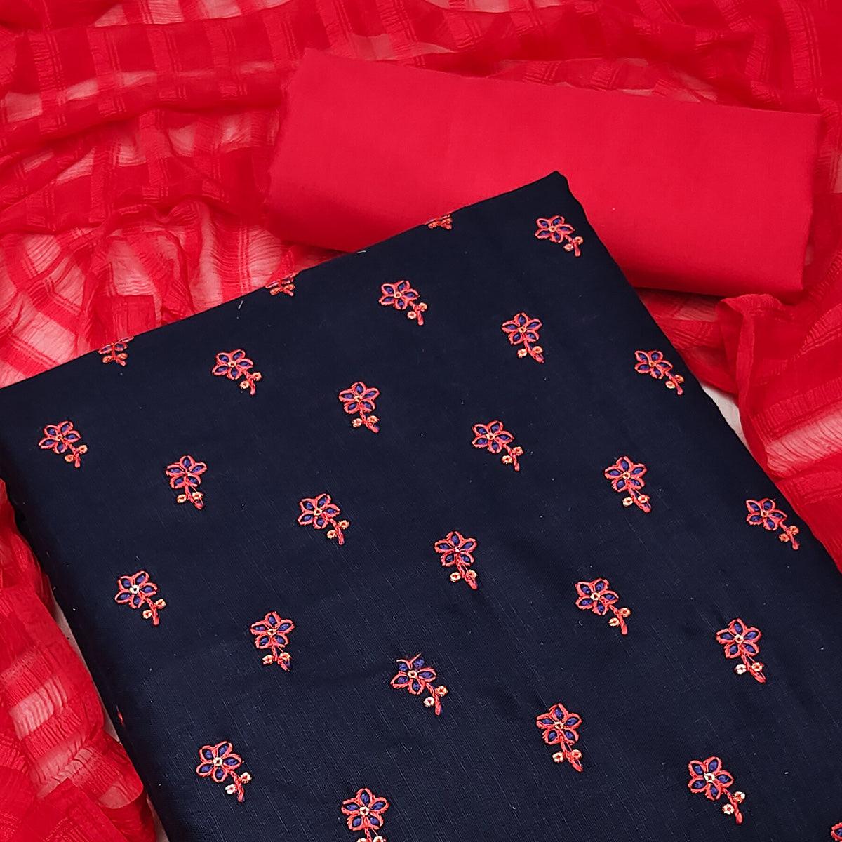 Navy Blue Casual Wear Floral Embroidered Cotton Dress Material - Peachmode