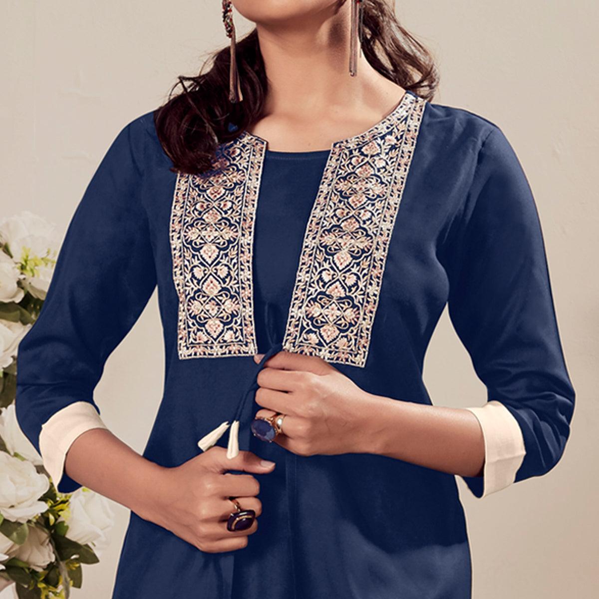 Navy Blue Casual Wear Floral Embroidered Rayon Top - Peachmode