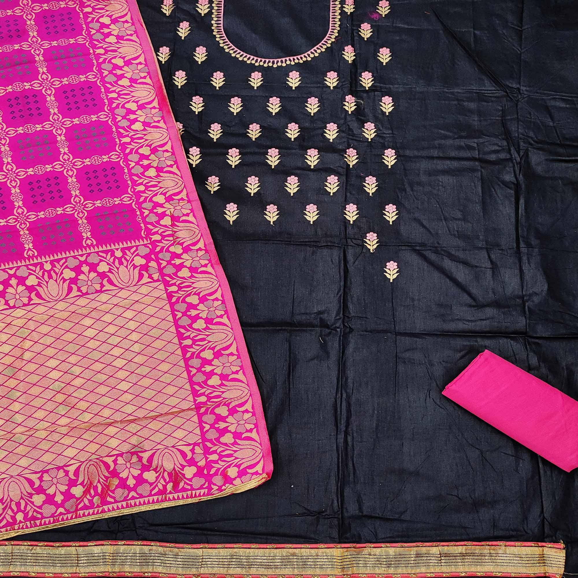 Navy Blue Casual Wear Floral Embroidery Cotton Dress Material - Peachmode