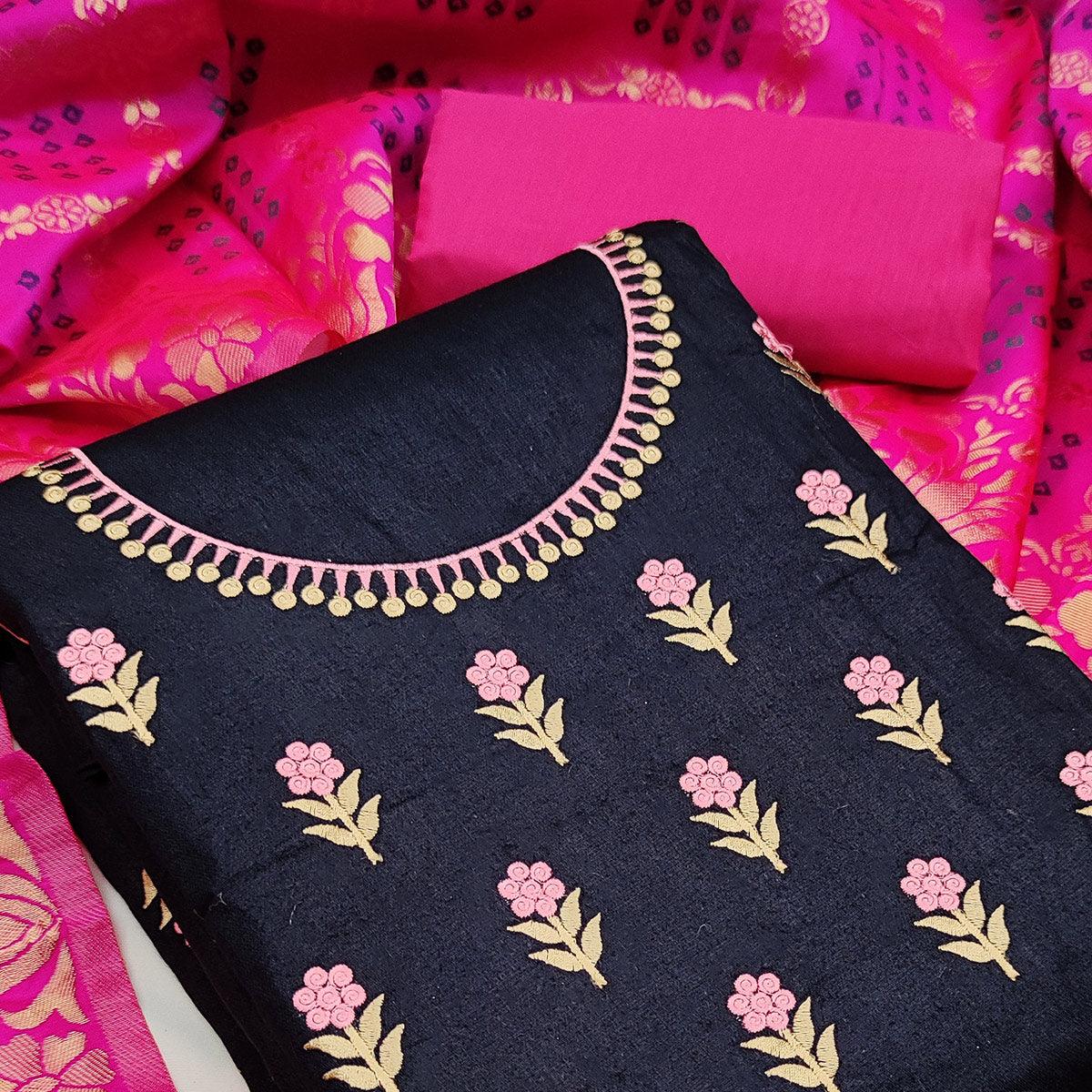 Navy Blue Casual Wear Floral Embroidery Cotton Dress Material - Peachmode