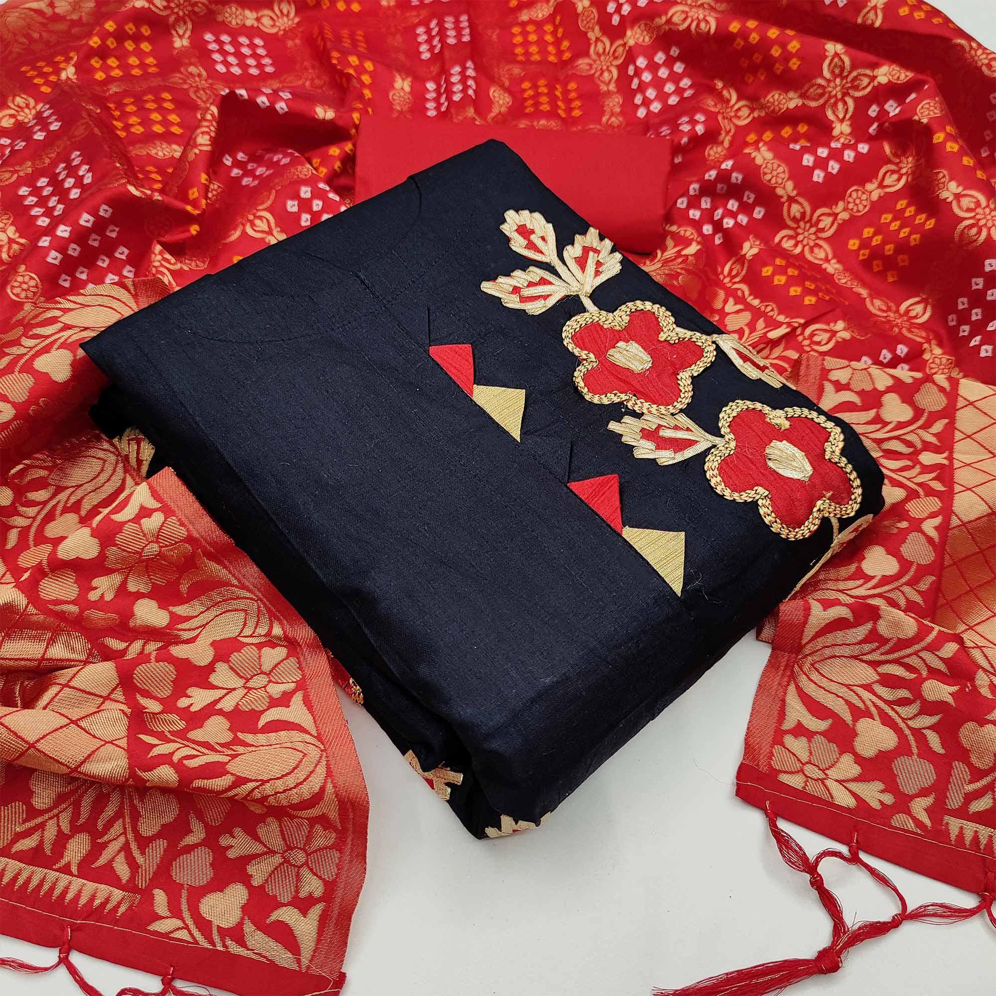 Navy Blue Casual Wear Floral Embroidery With Hand Work Cotton Dress Material - Peachmode
