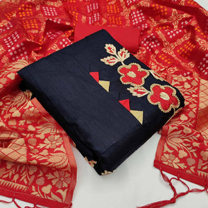 Navy Blue Casual Wear Floral Embroidery With Hand Work Cotton Dress Material - Peachmode