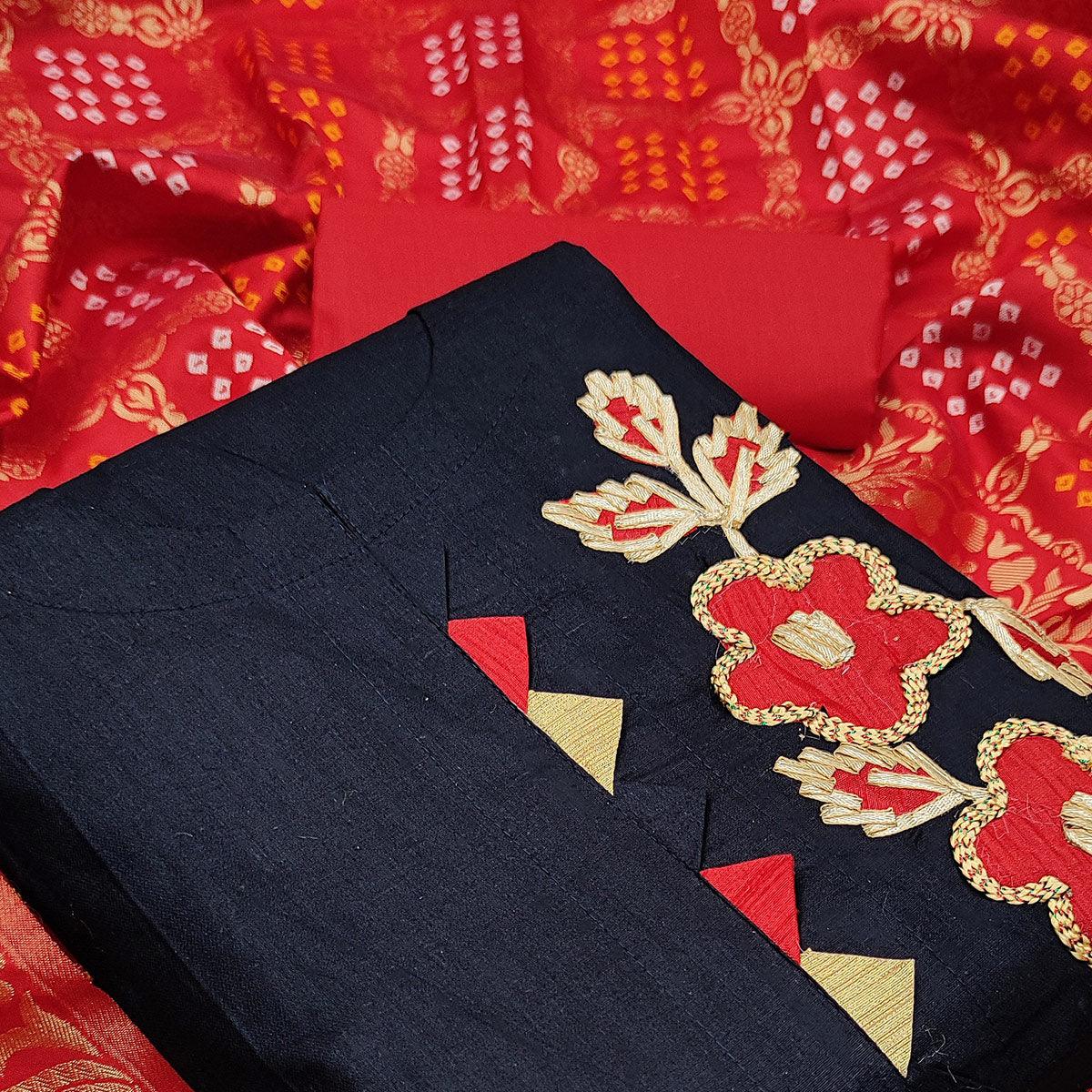 Navy Blue Casual Wear Floral Embroidery With Hand Work Cotton Dress Material - Peachmode