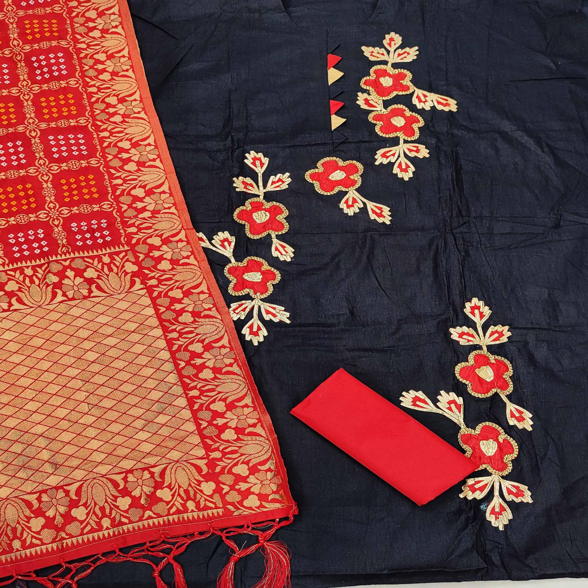 Navy Blue Casual Wear Floral Embroidery With Hand Work Cotton Dress Material - Peachmode