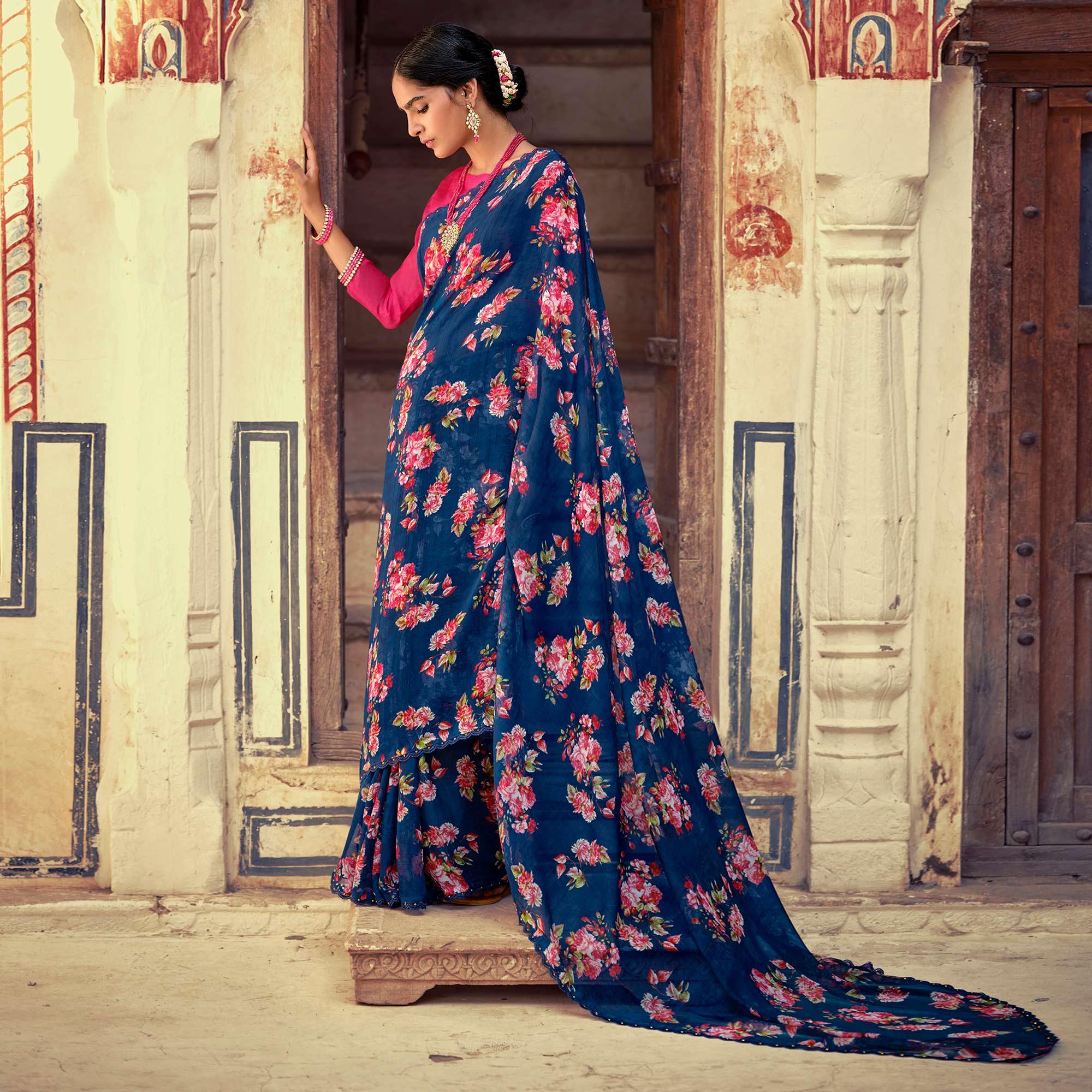 Navy Blue Casual Wear Floral Printed Alfino Saree With Fancy Diamond Lace - Peachmode