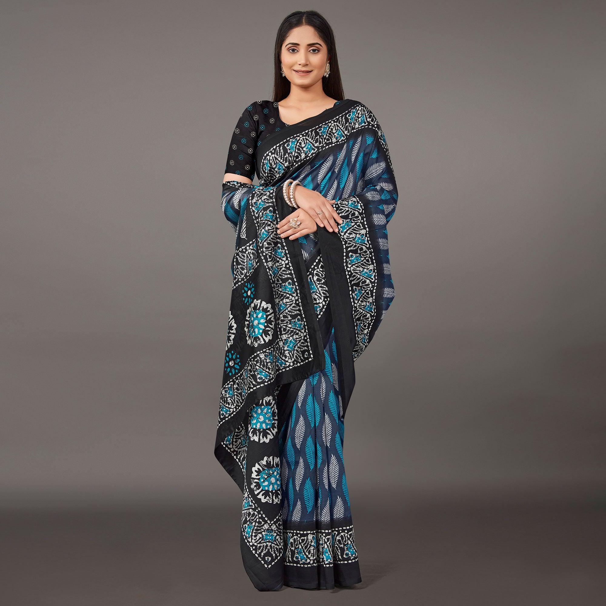 Navy Blue Casual Wear Floral Printed Art Silk Saree - Peachmode