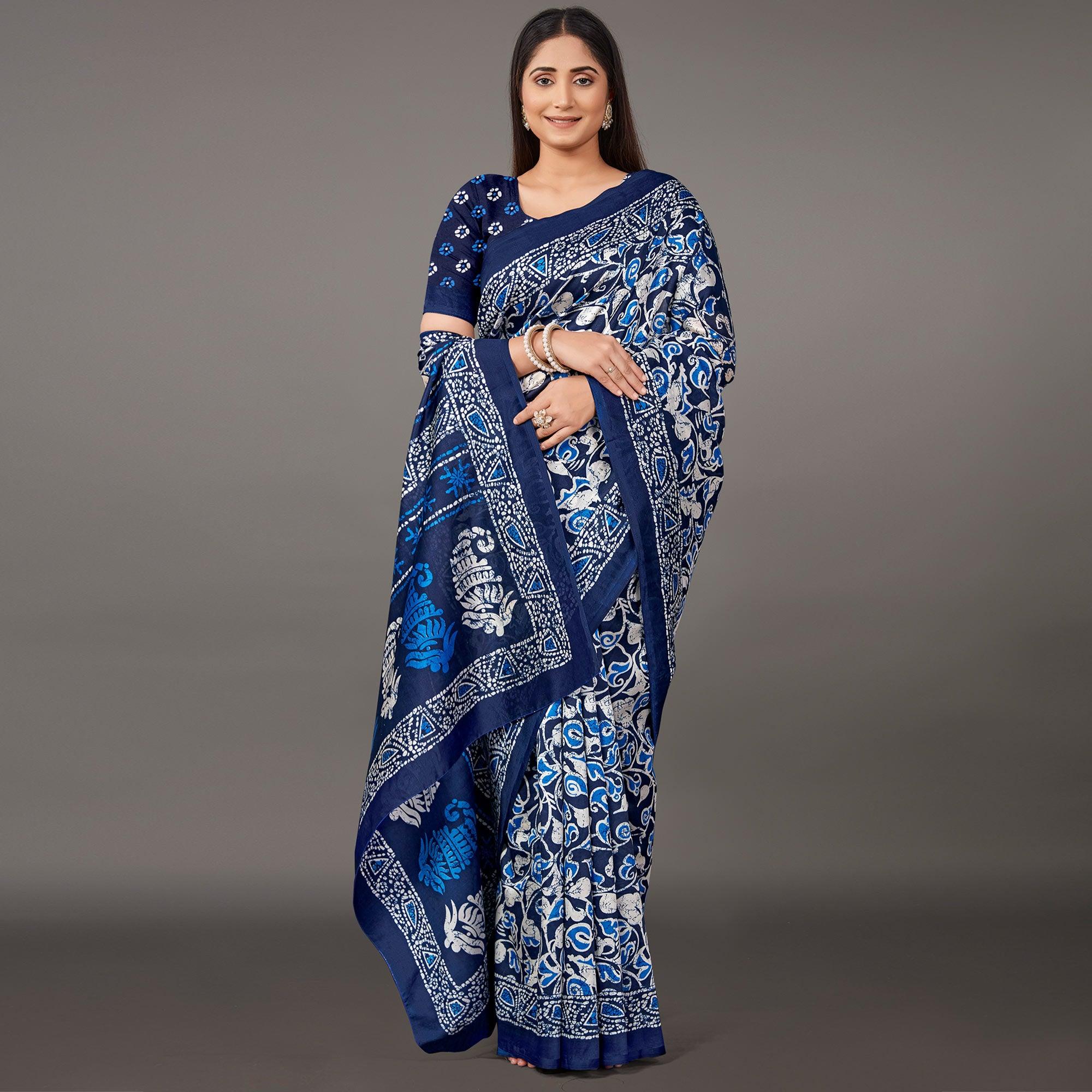 Navy Blue Casual Wear Floral Printed Art Silk Saree - Peachmode