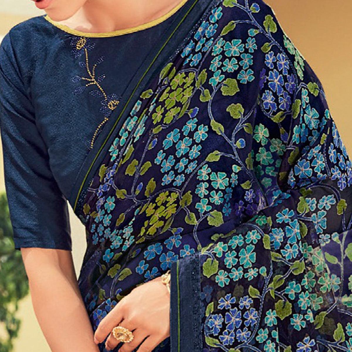 Navy Blue Casual Wear Floral Printed Brasso Saree - Peachmode