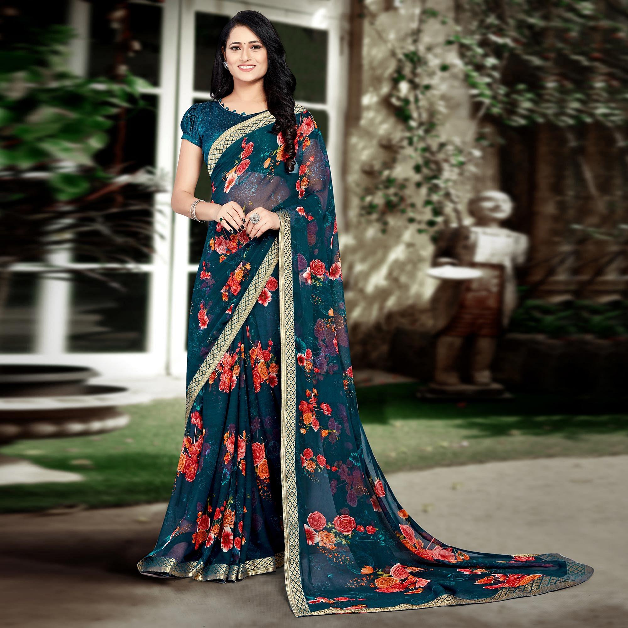 Navy Blue Casual Wear Floral Printed Chiffon Saree - Peachmode