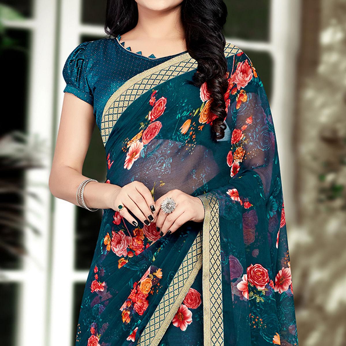Navy Blue Casual Wear Floral Printed Chiffon Saree - Peachmode