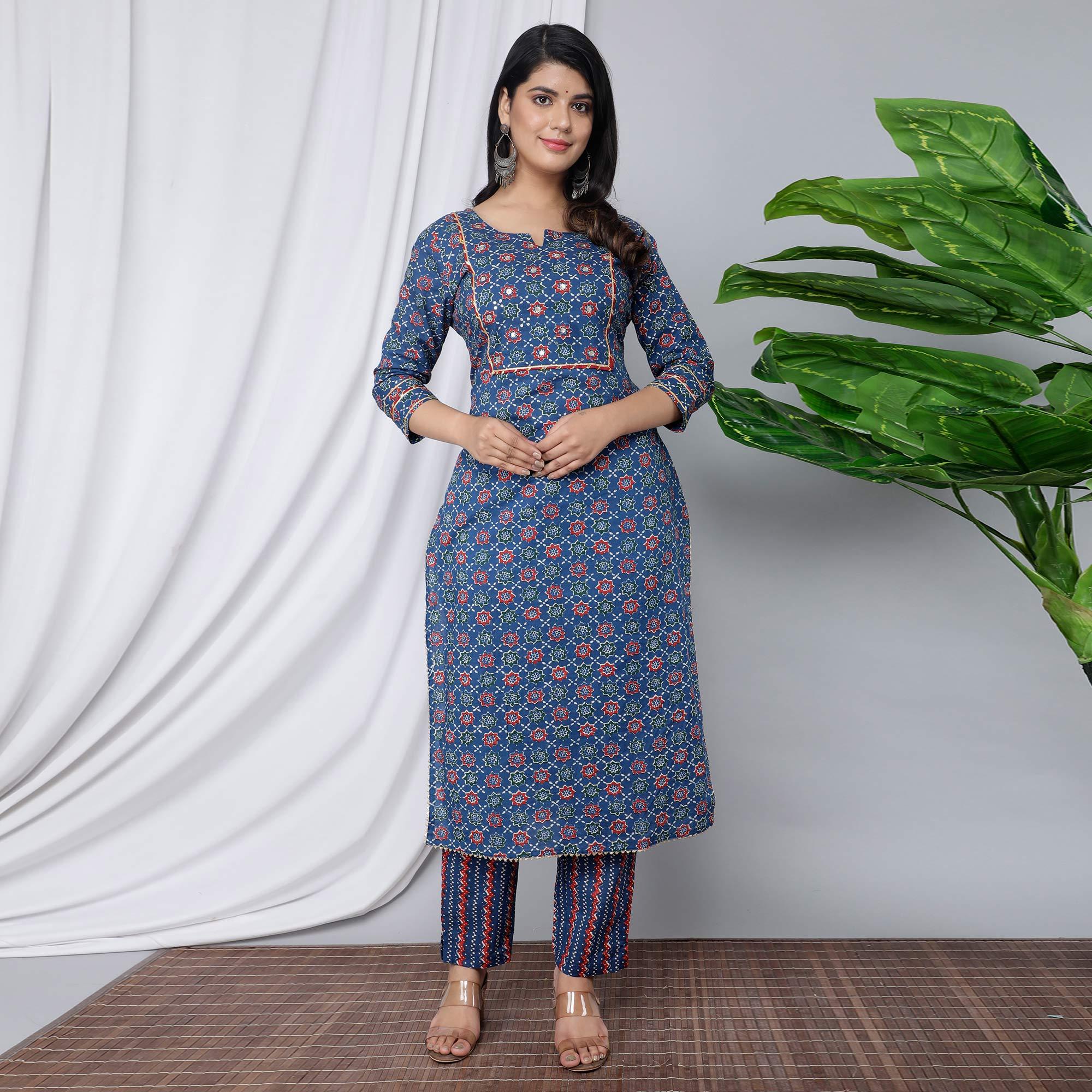 Navy Blue Casual Wear Floral Printed Cotton Kurti - Pant Set With Dupatta - Peachmode