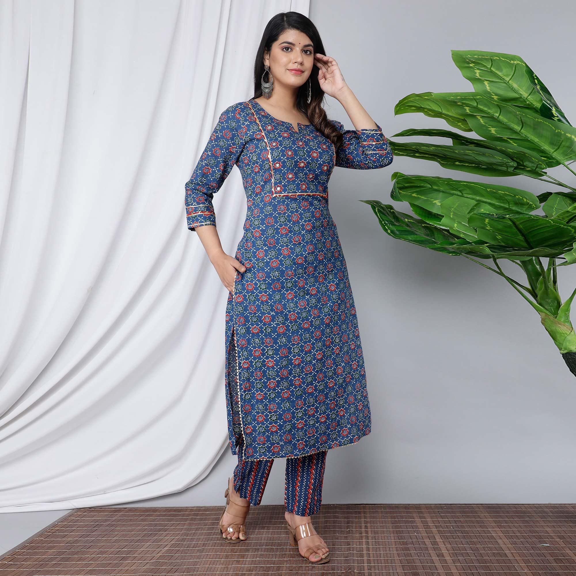 Navy Blue Casual Wear Floral Printed Cotton Kurti - Pant Set With Dupatta - Peachmode