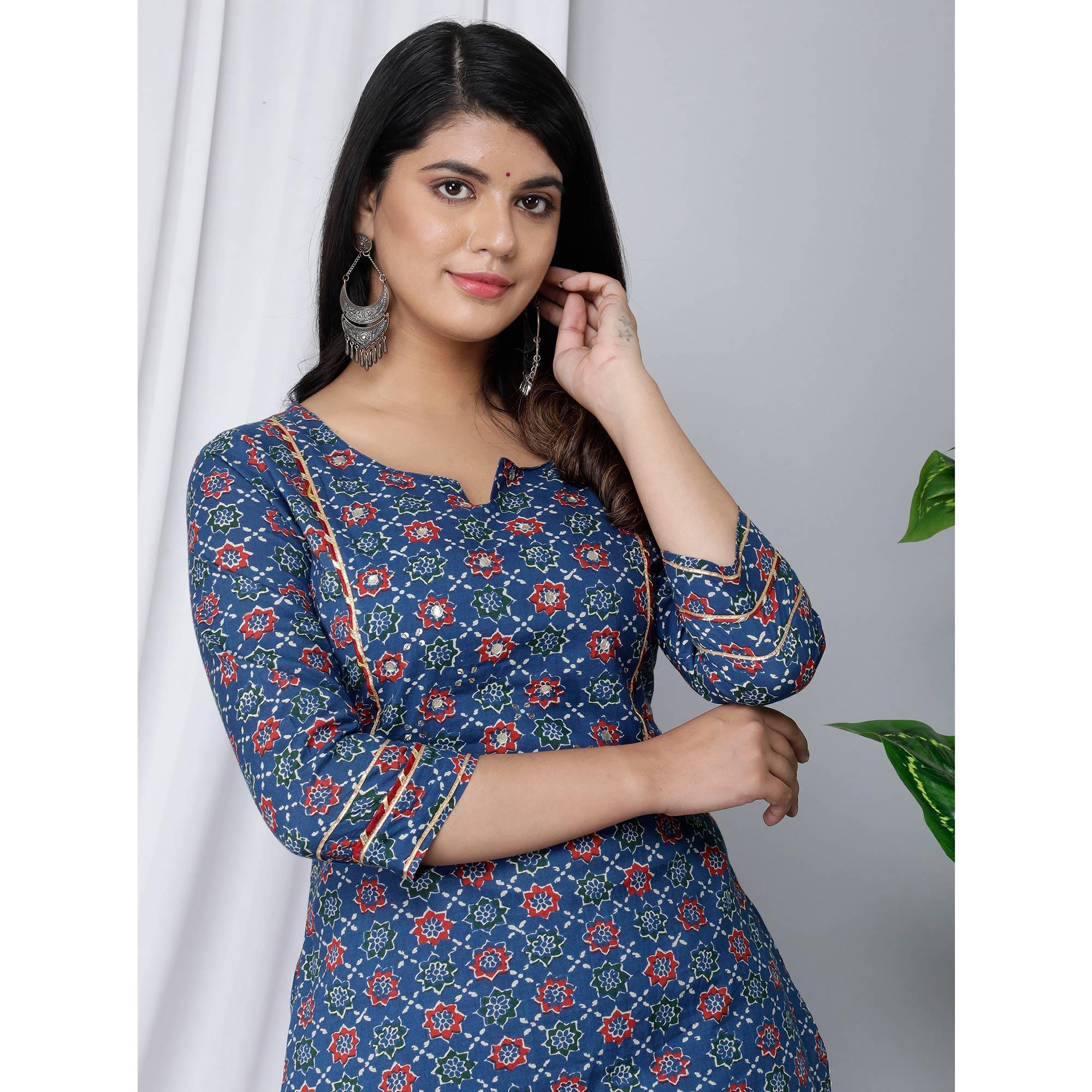Navy Blue Casual Wear Floral Printed Cotton Kurti - Pant Set With Dupatta - Peachmode