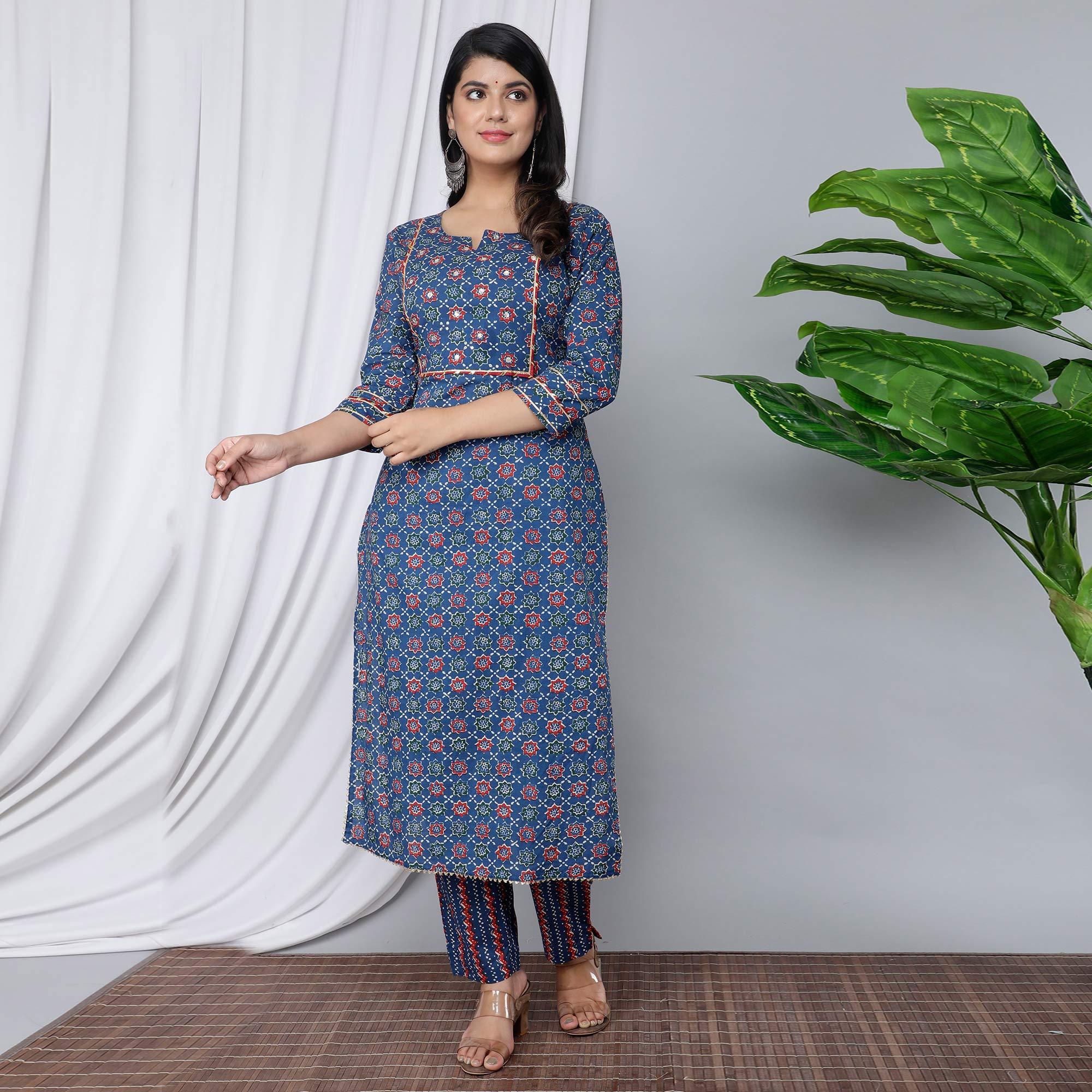 Navy Blue Casual Wear Floral Printed Cotton Kurti - Pant Set With Dupatta - Peachmode