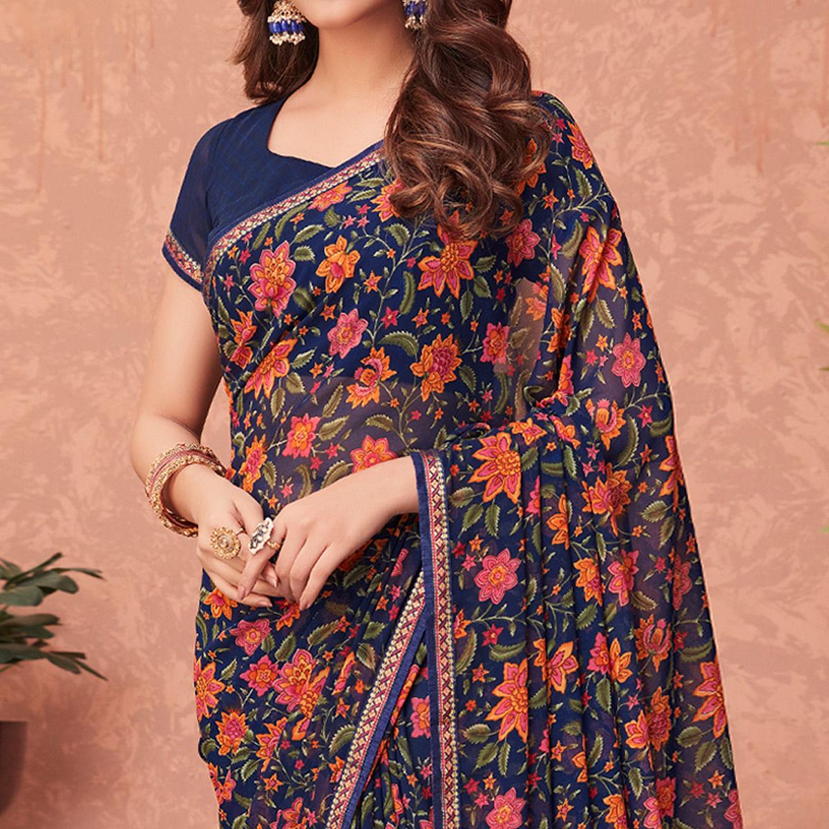 Navy Blue Casual Wear Floral Printed Georgette Saree - Peachmode