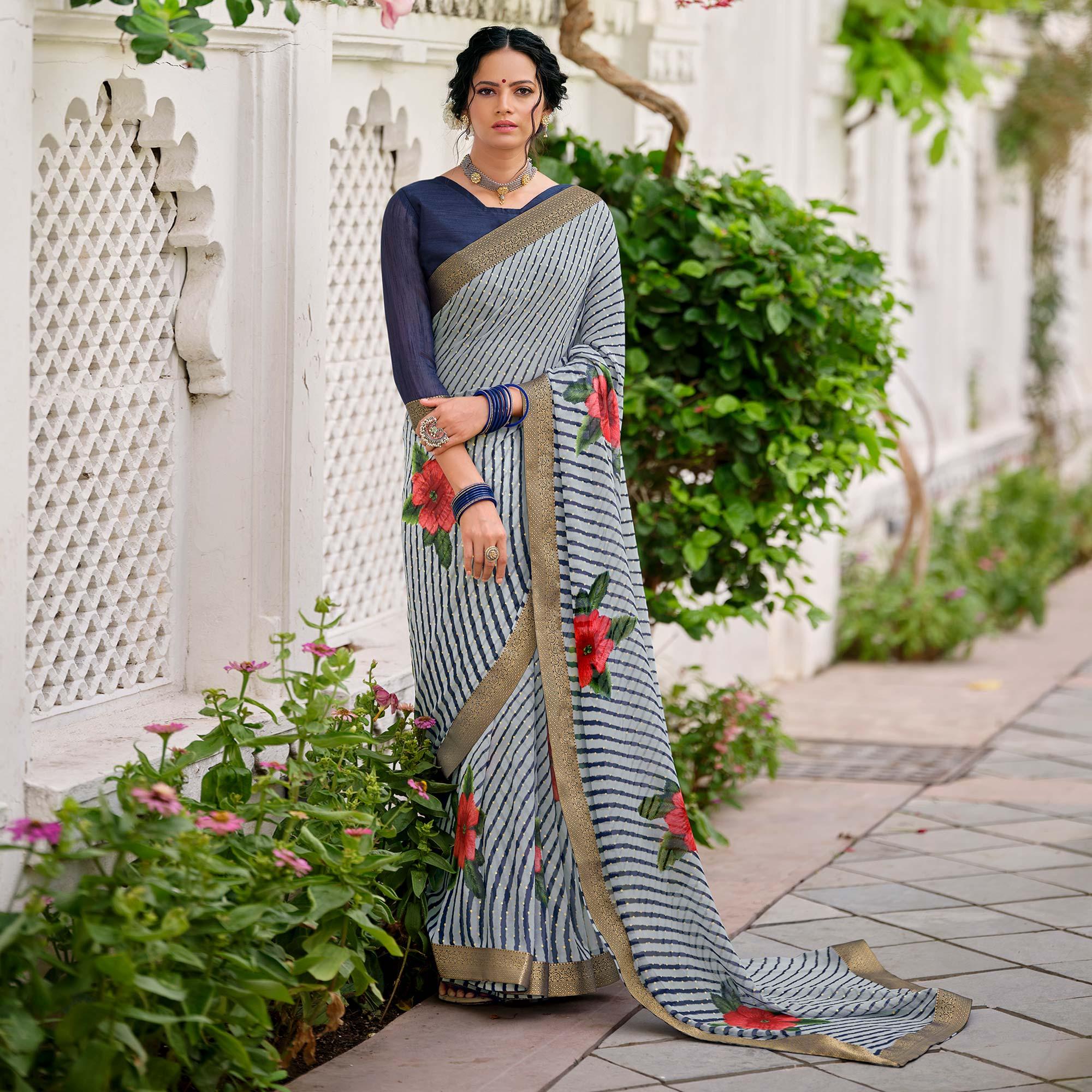 Navy Blue Casual Wear Floral With Striped Printed Georgette Saree - Peachmode