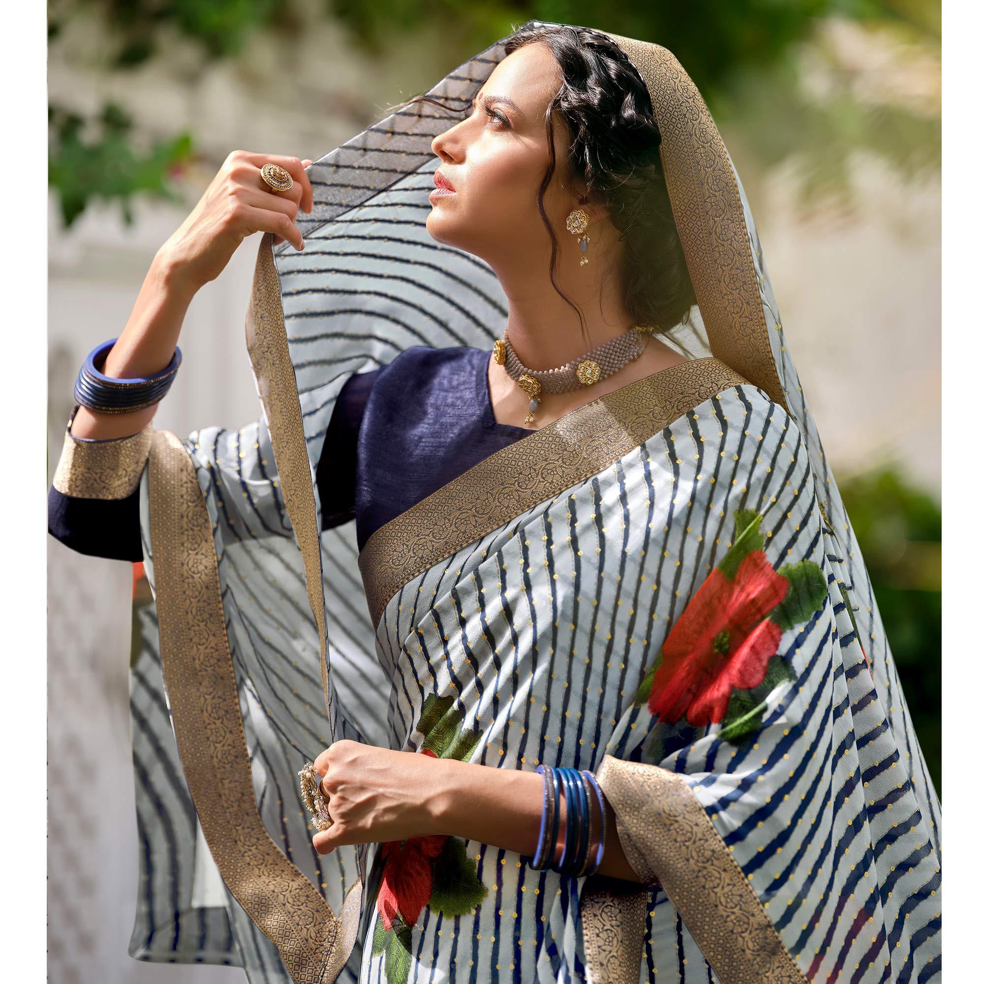 Navy Blue Casual Wear Floral With Striped Printed Georgette Saree - Peachmode