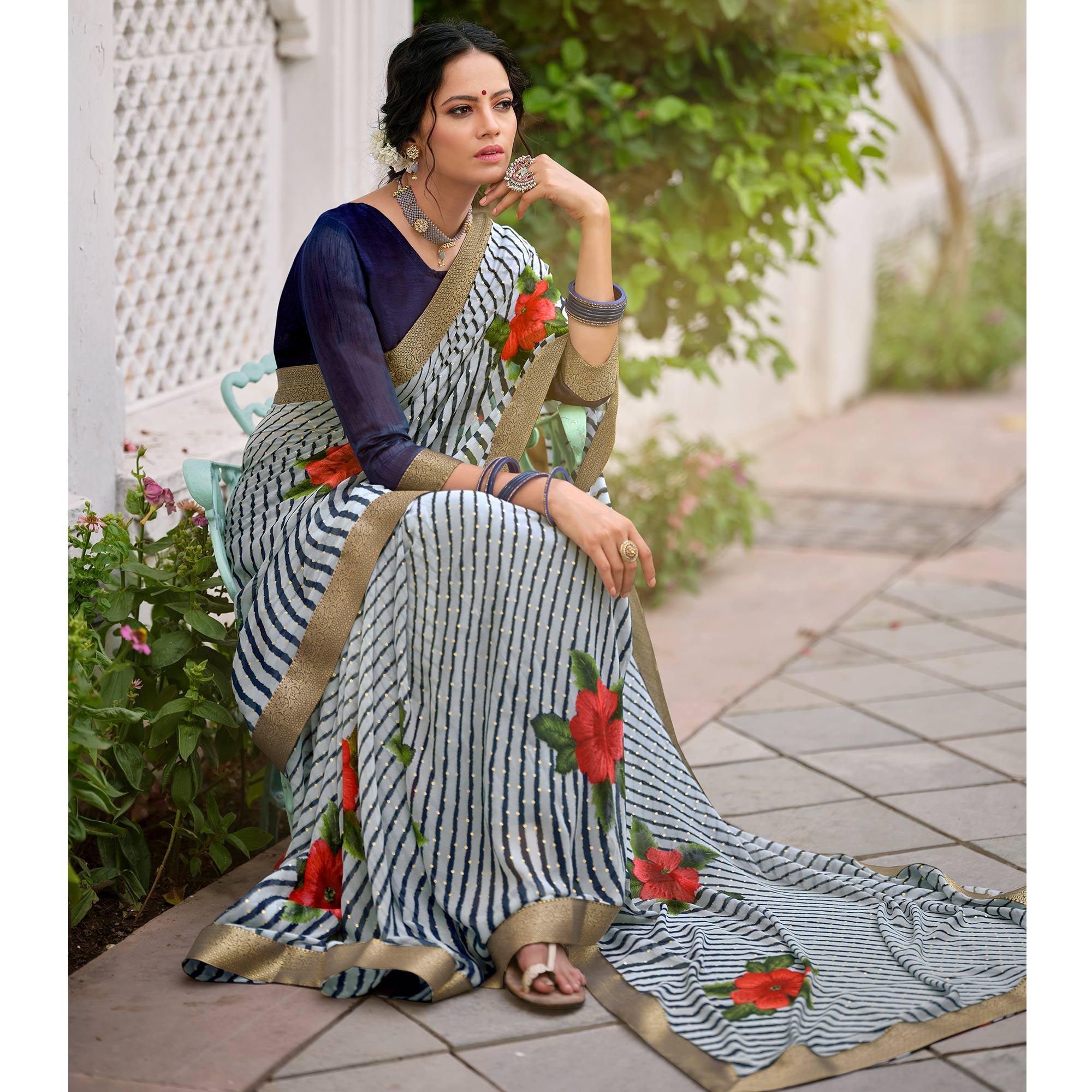Navy Blue Casual Wear Floral With Striped Printed Georgette Saree - Peachmode