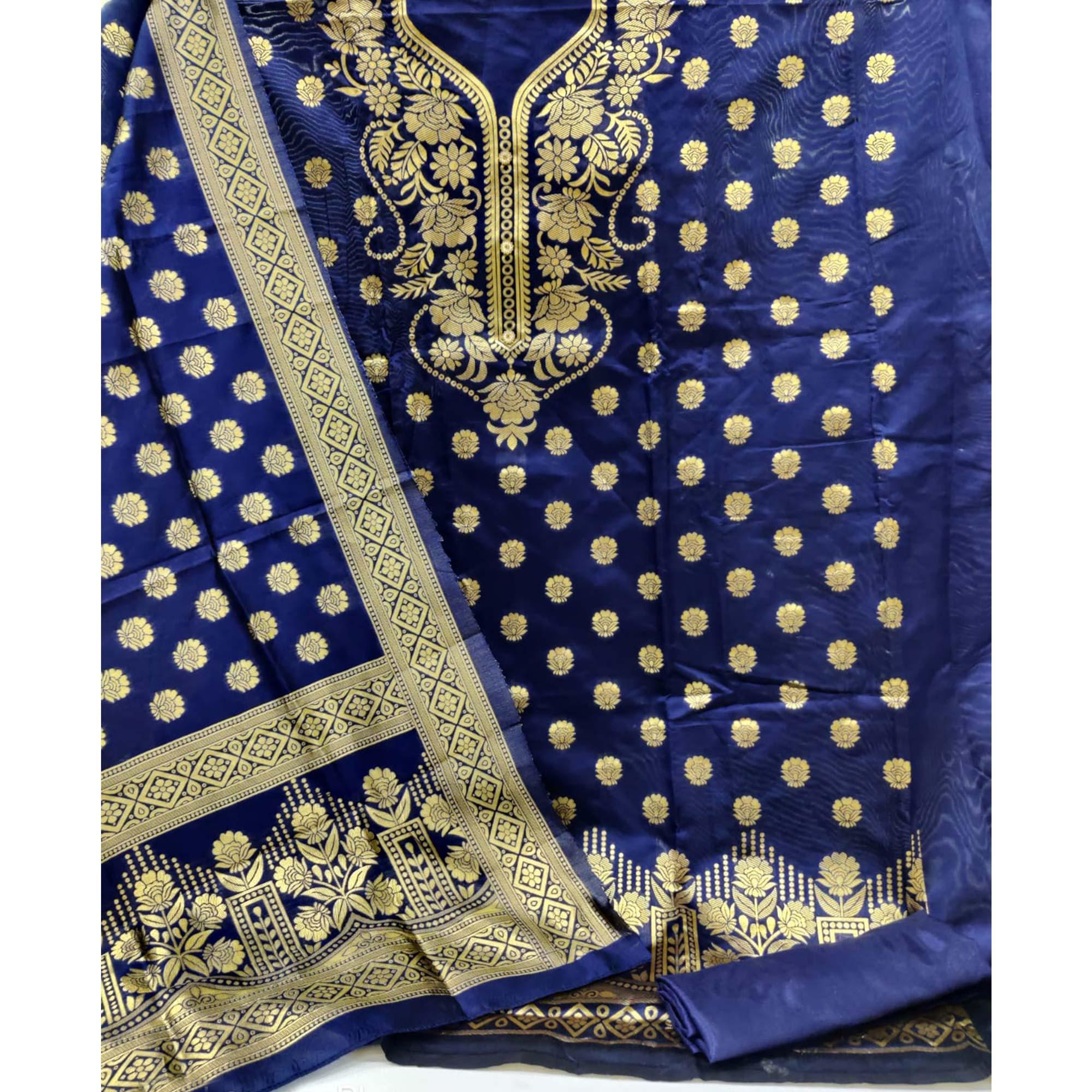 Navy Blue Casual Wear Floral Woven Banarasi Silk Dress Material - Peachmode