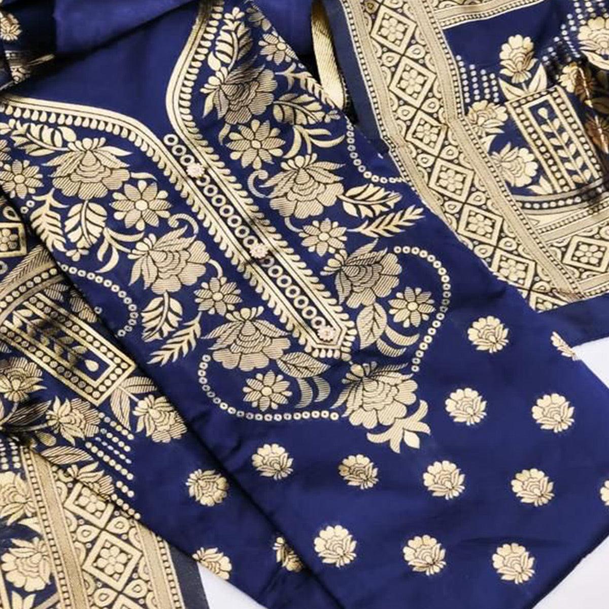 Navy Blue Casual Wear Floral Woven Banarasi Silk Dress Material - Peachmode