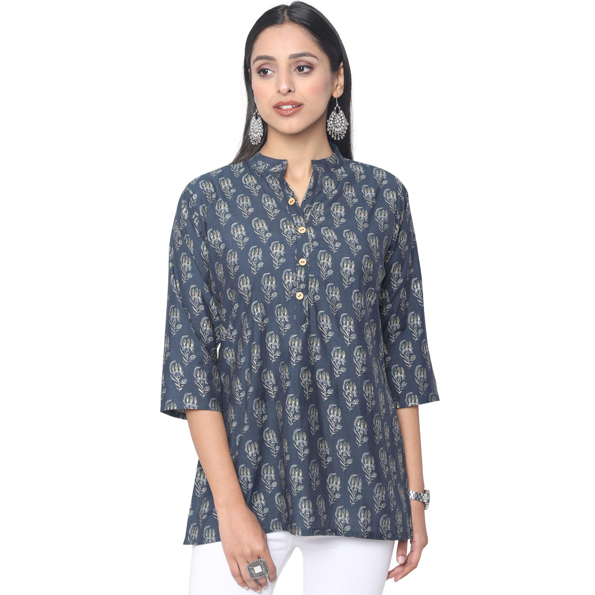 Navy Blue Casual Wear Foil Printed Cotton Top - Peachmode