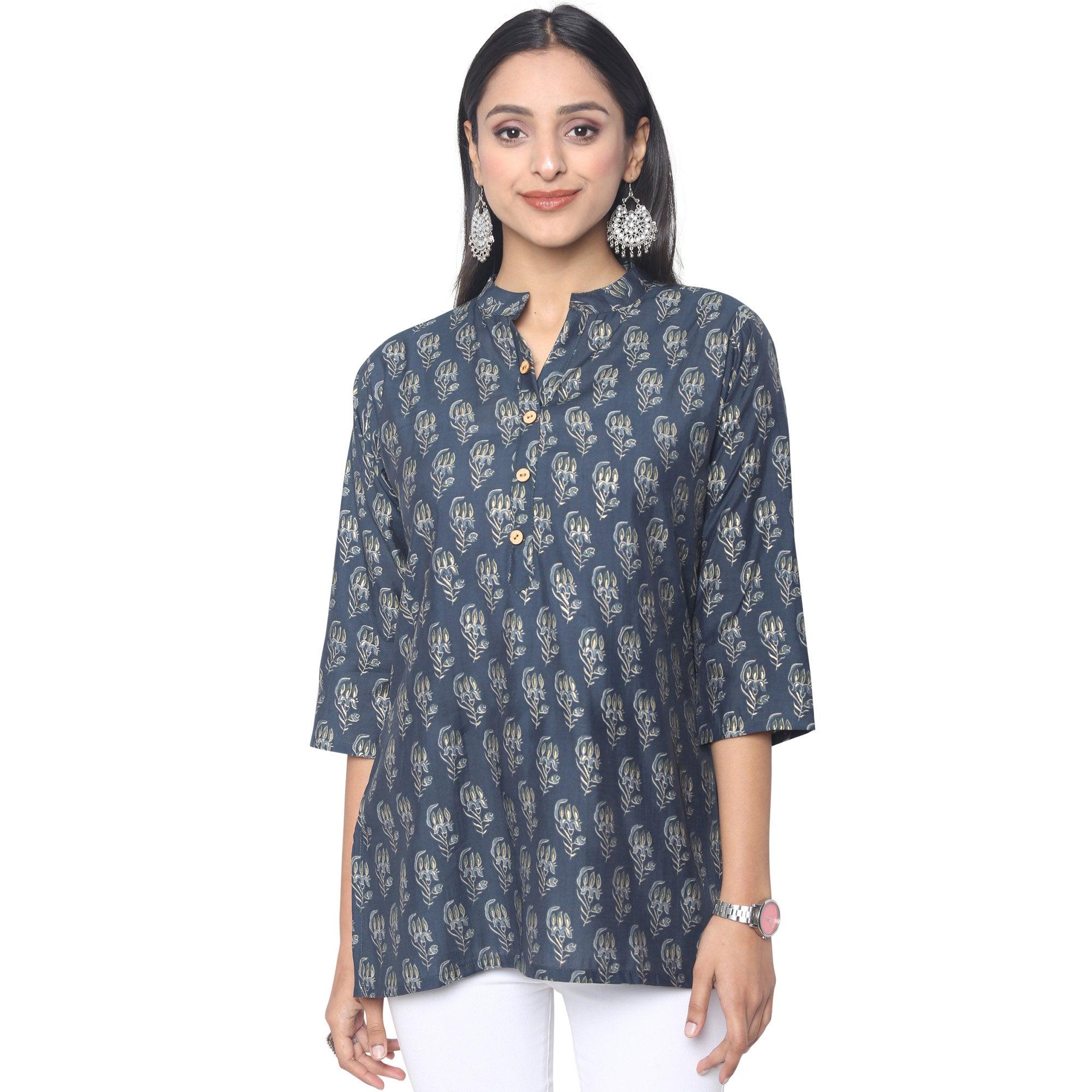 Navy Blue Casual Wear Foil Printed Cotton Top - Peachmode