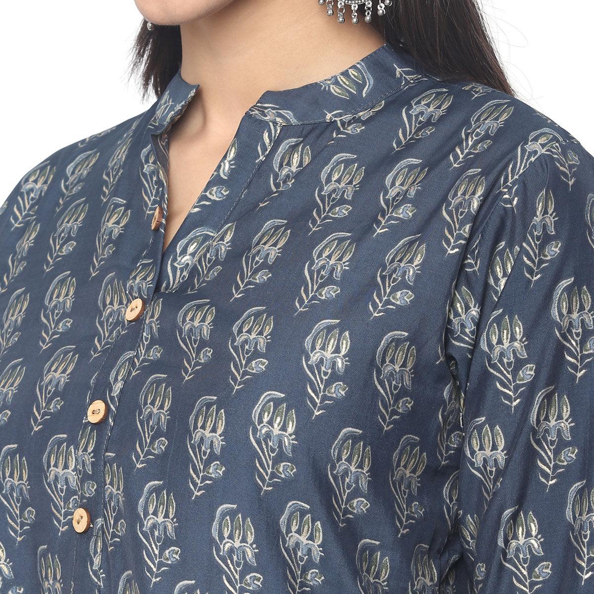 Navy Blue Casual Wear Foil Printed Cotton Top - Peachmode