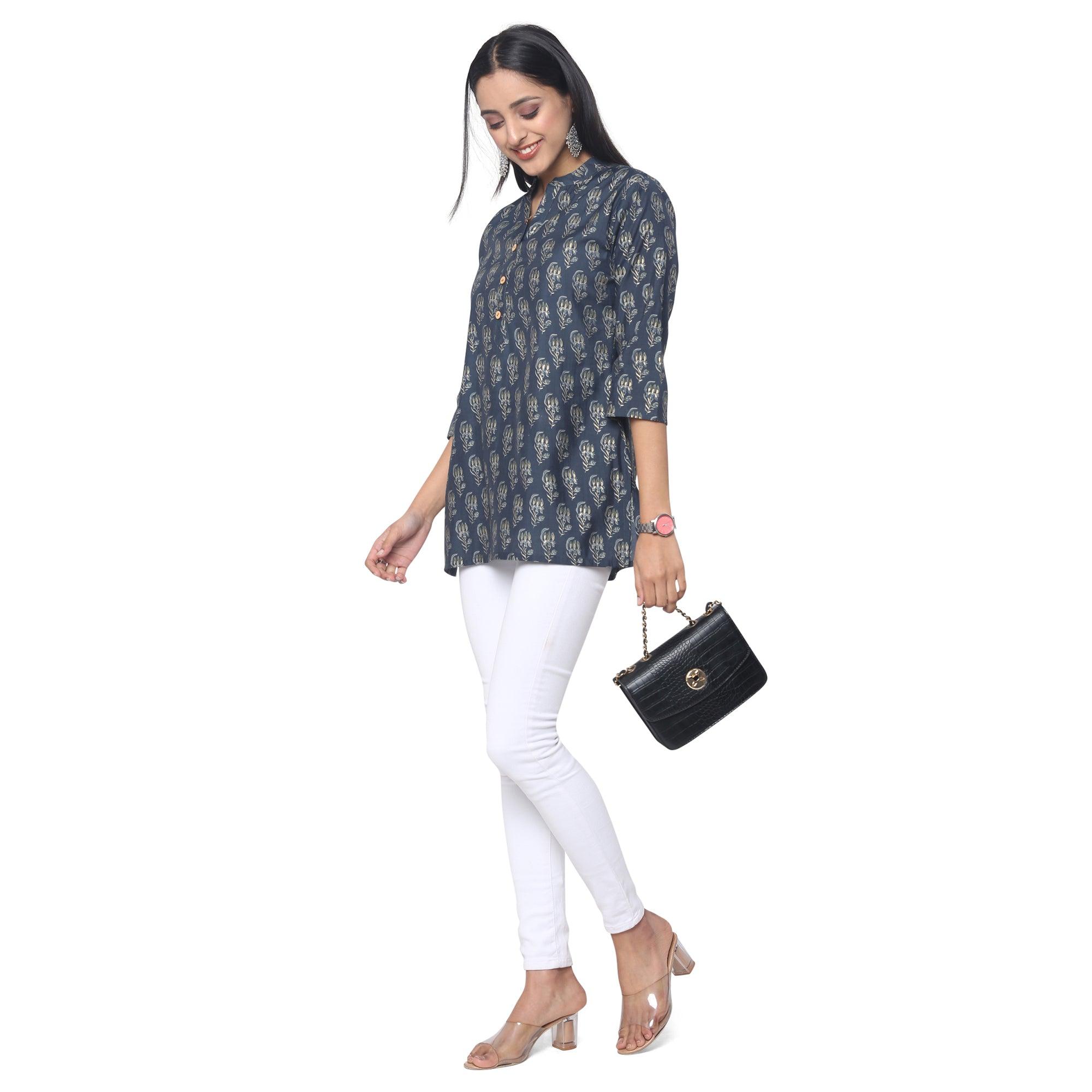 Navy Blue Casual Wear Foil Printed Cotton Top - Peachmode