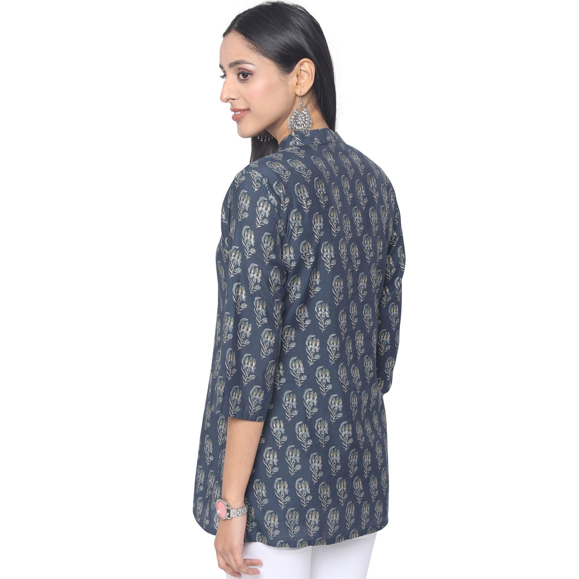 Navy Blue Casual Wear Foil Printed Cotton Top - Peachmode