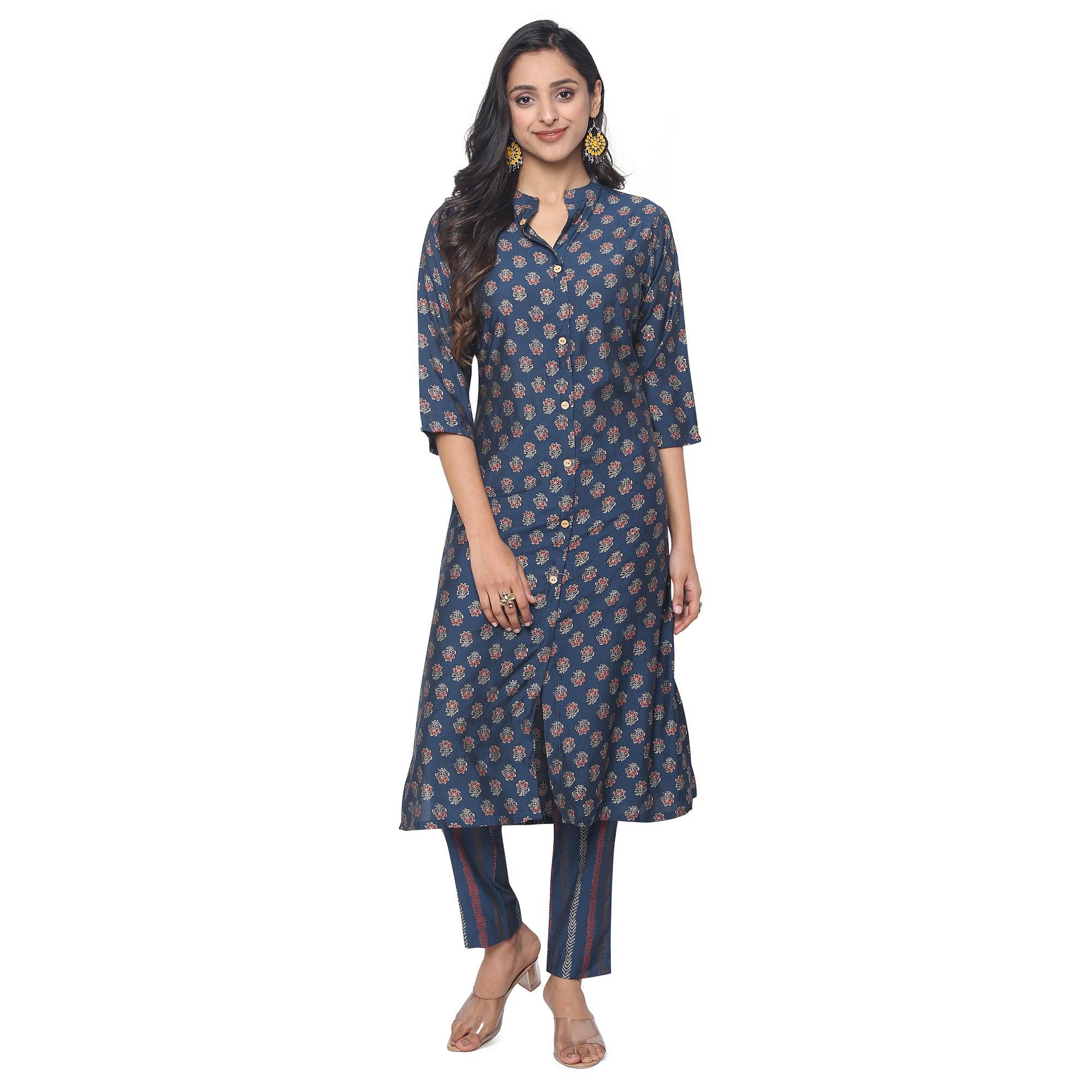 Navy Blue Casual Wear Foil Printed Muslin Kurti Pant Set - Peachmode