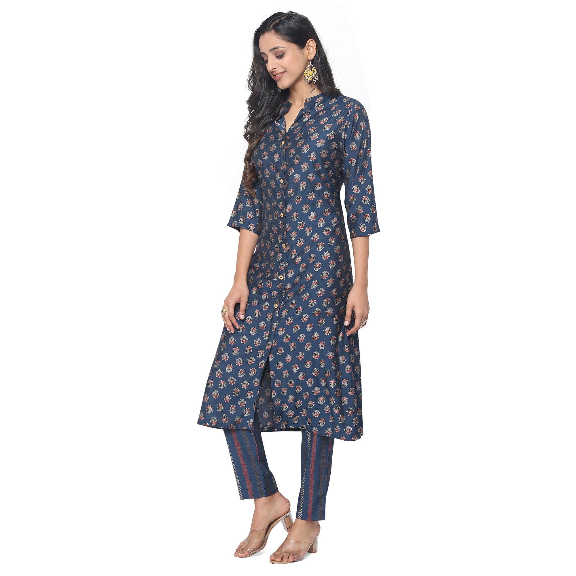 Navy Blue Casual Wear Foil Printed Muslin Kurti Pant Set - Peachmode