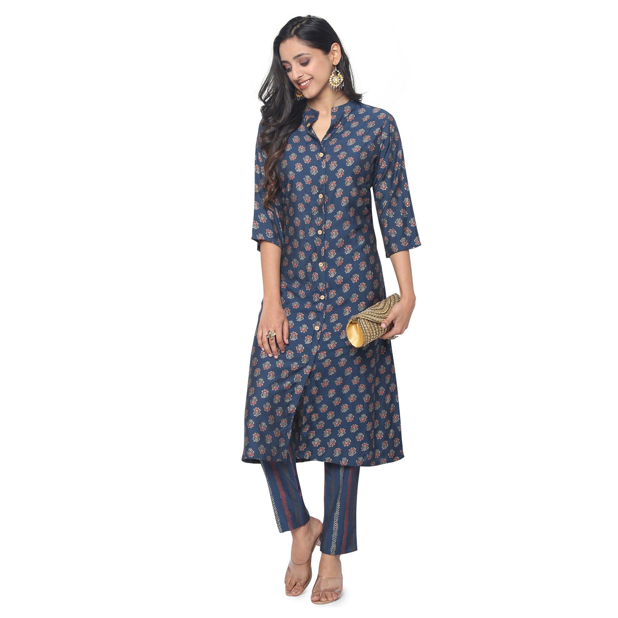 Navy Blue Casual Wear Foil Printed Muslin Kurti Pant Set - Peachmode