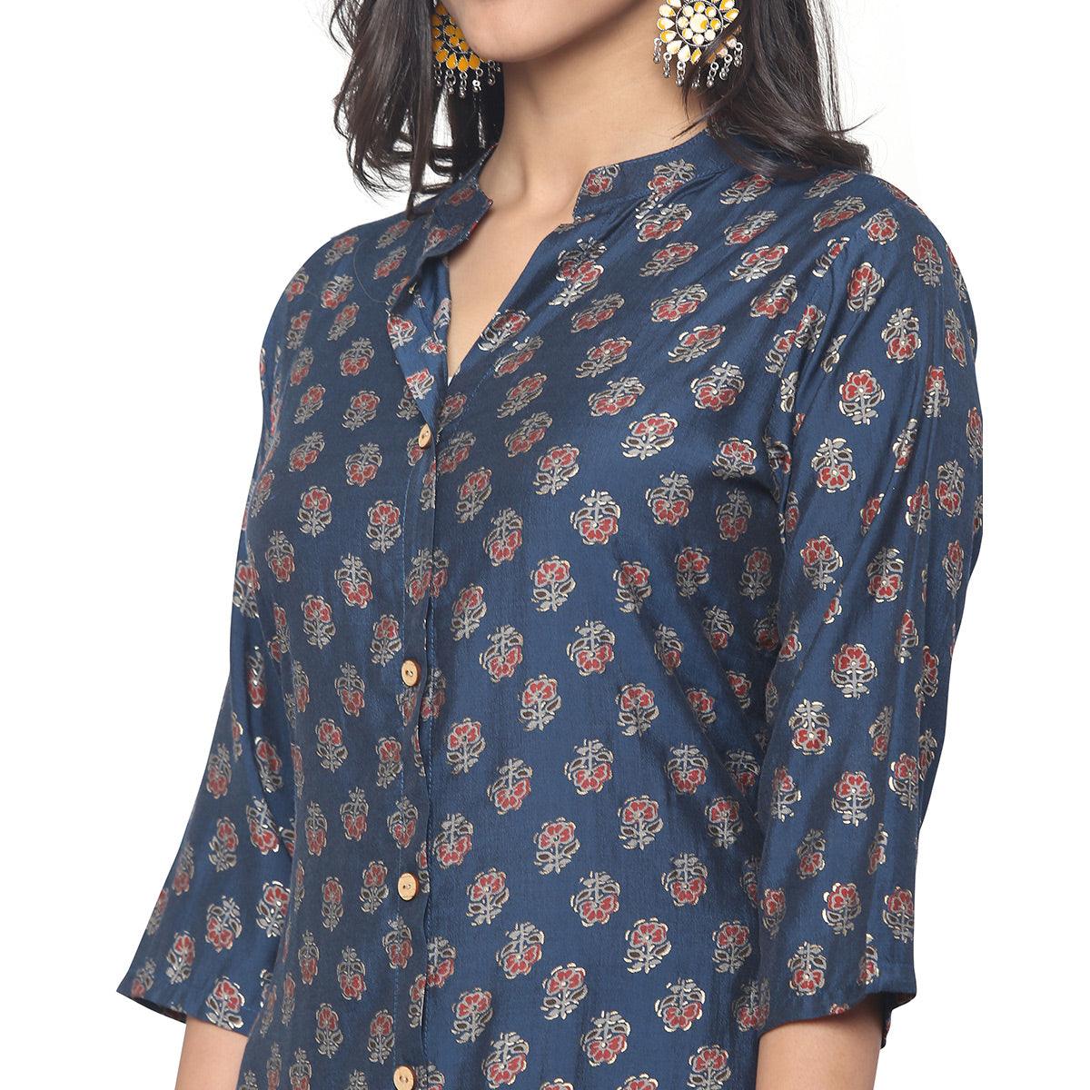 Navy Blue Casual Wear Foil Printed Muslin Kurti Pant Set - Peachmode