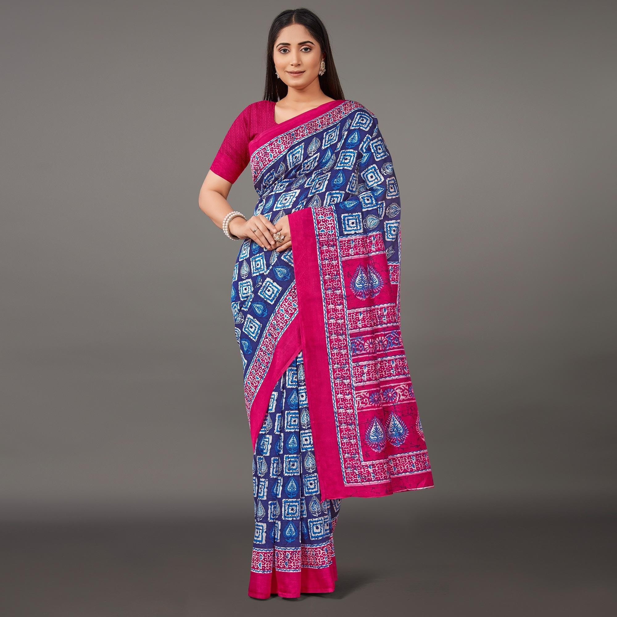 Navy Blue Casual Wear Geometric Printed Art Silk Saree - Peachmode