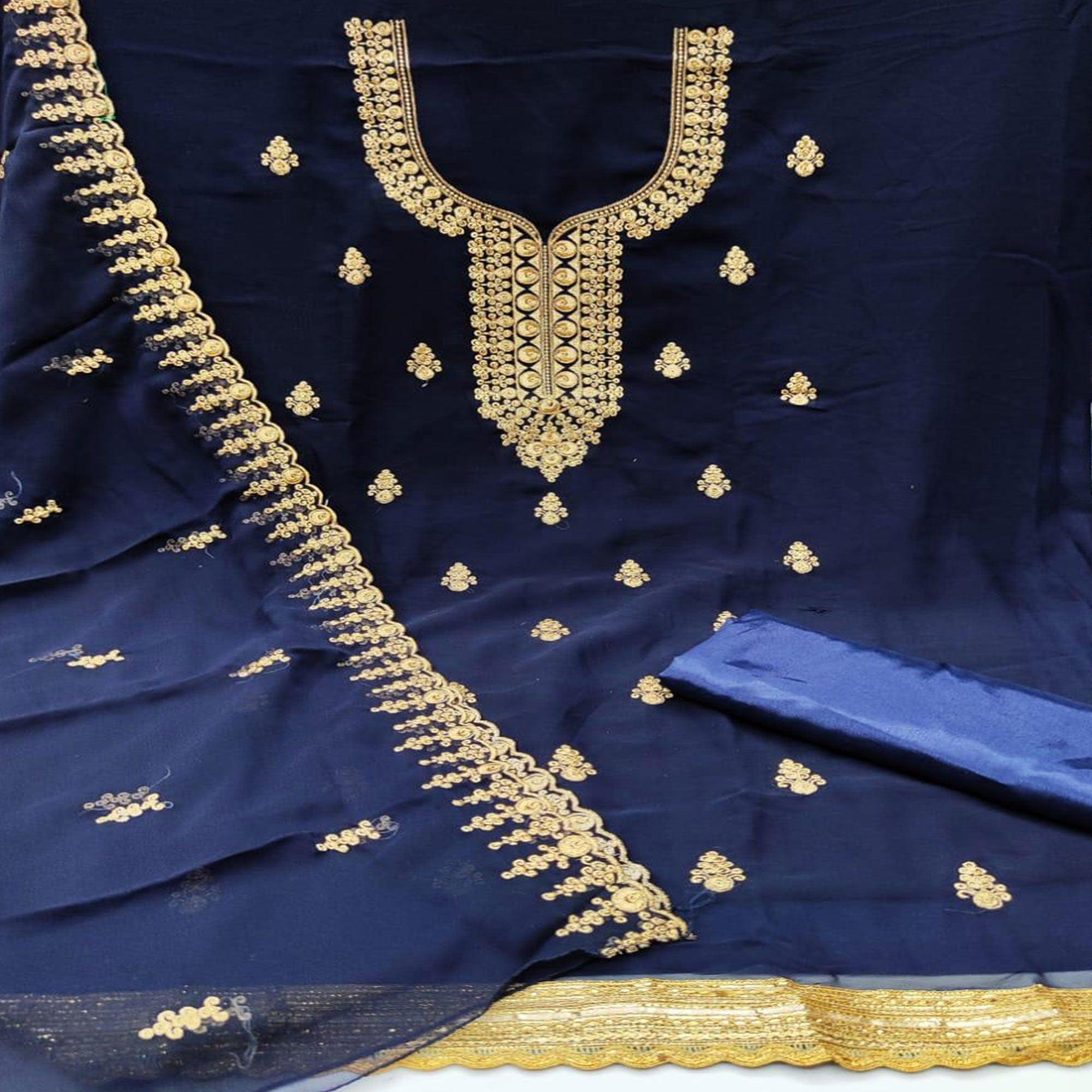 Navy Blue Casual Wear Golden Embroidered Georgette Dress Material - Peachmode