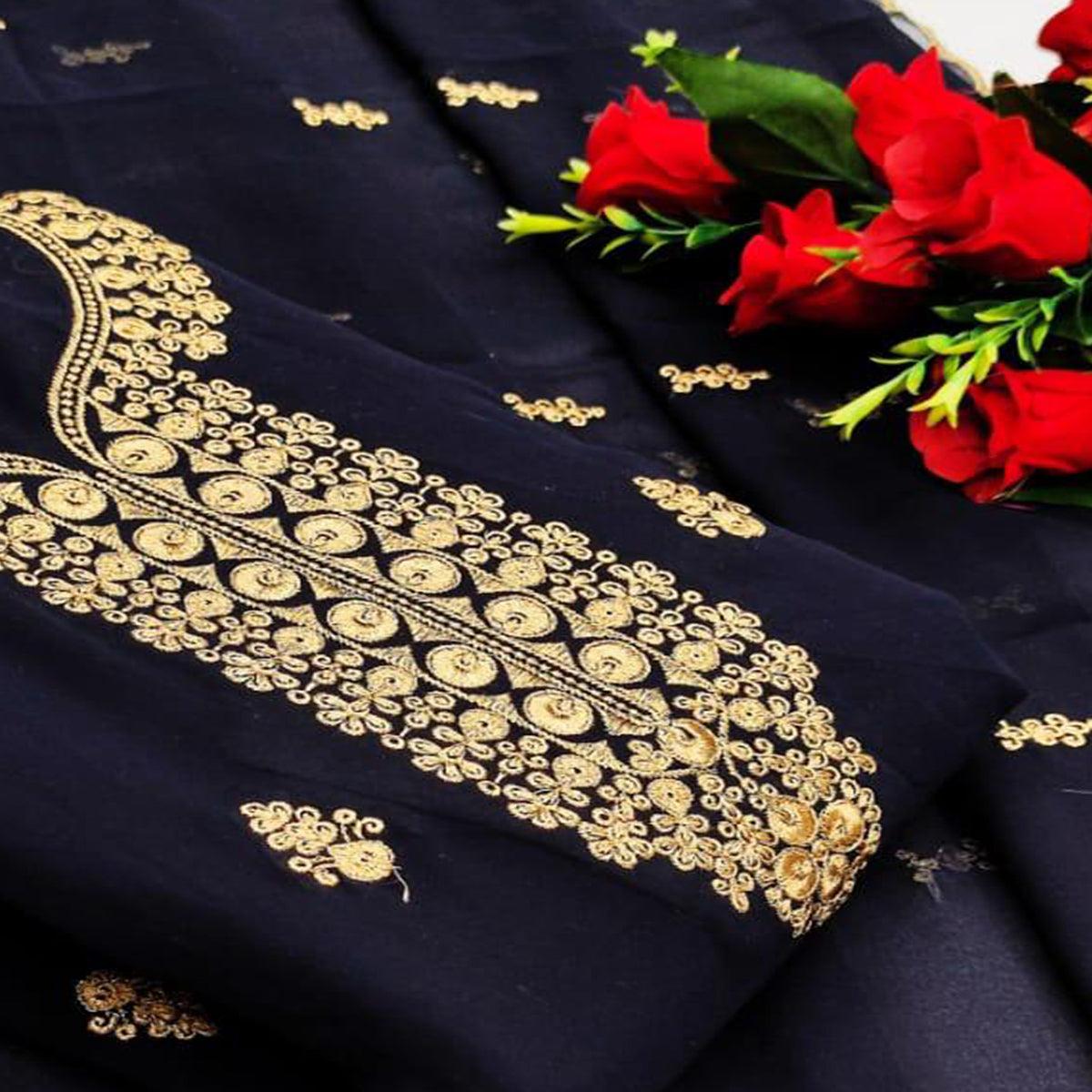 Navy Blue Casual Wear Golden Embroidered Georgette Dress Material - Peachmode