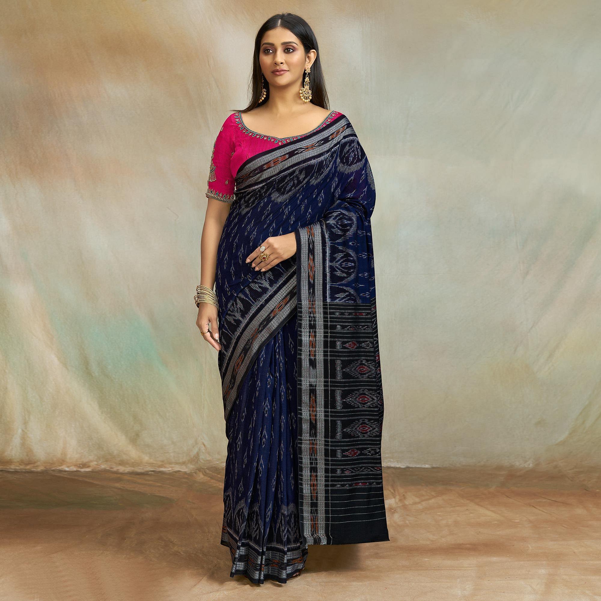 Navy Blue Casual Wear Ikkat Printed Mul Mul Cotton Saree - Peachmode