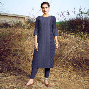 Navy Blue Casual Wear Lucknowi Embroidered Georgette Kurti - Peachmode
