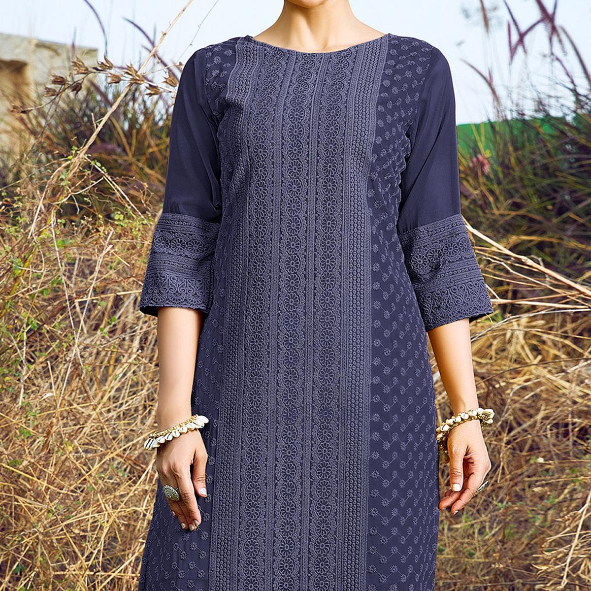 Navy Blue Casual Wear Lucknowi Embroidered Georgette Kurti - Peachmode