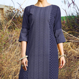 Navy Blue Casual Wear Lucknowi Embroidered Georgette Kurti - Peachmode