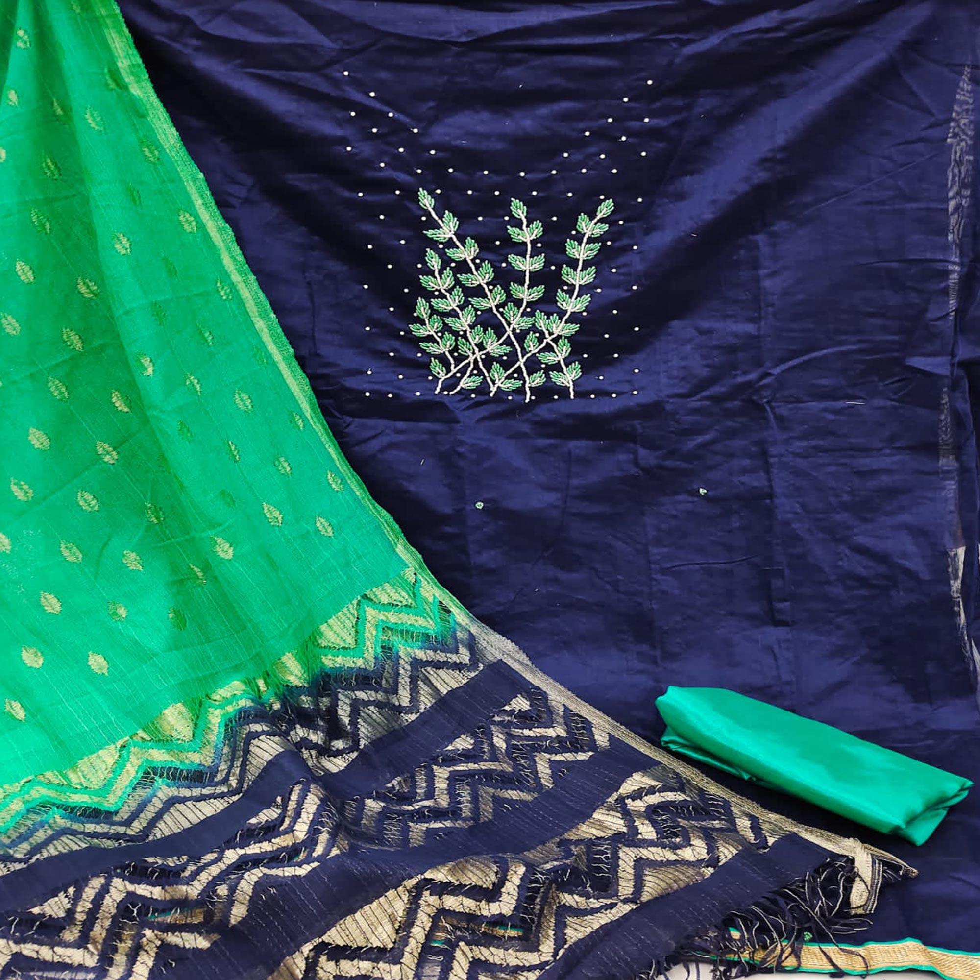 Navy Blue Casual Wear Pearl Handwork Modal Silk  Dress Material - Peachmode