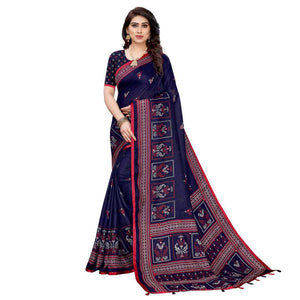 Navy Blue Casual Wear Print With Mirror Work Jute Saree - Peachmode
