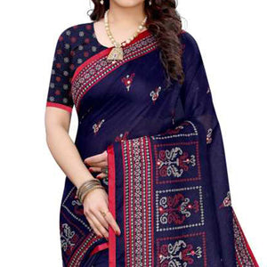 Navy Blue Casual Wear Print With Mirror Work Jute Saree - Peachmode
