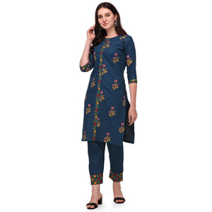 Navy Blue Casual Wear Printed & Embroidered Ruby Cotton Kurti Pant Set - Peachmode