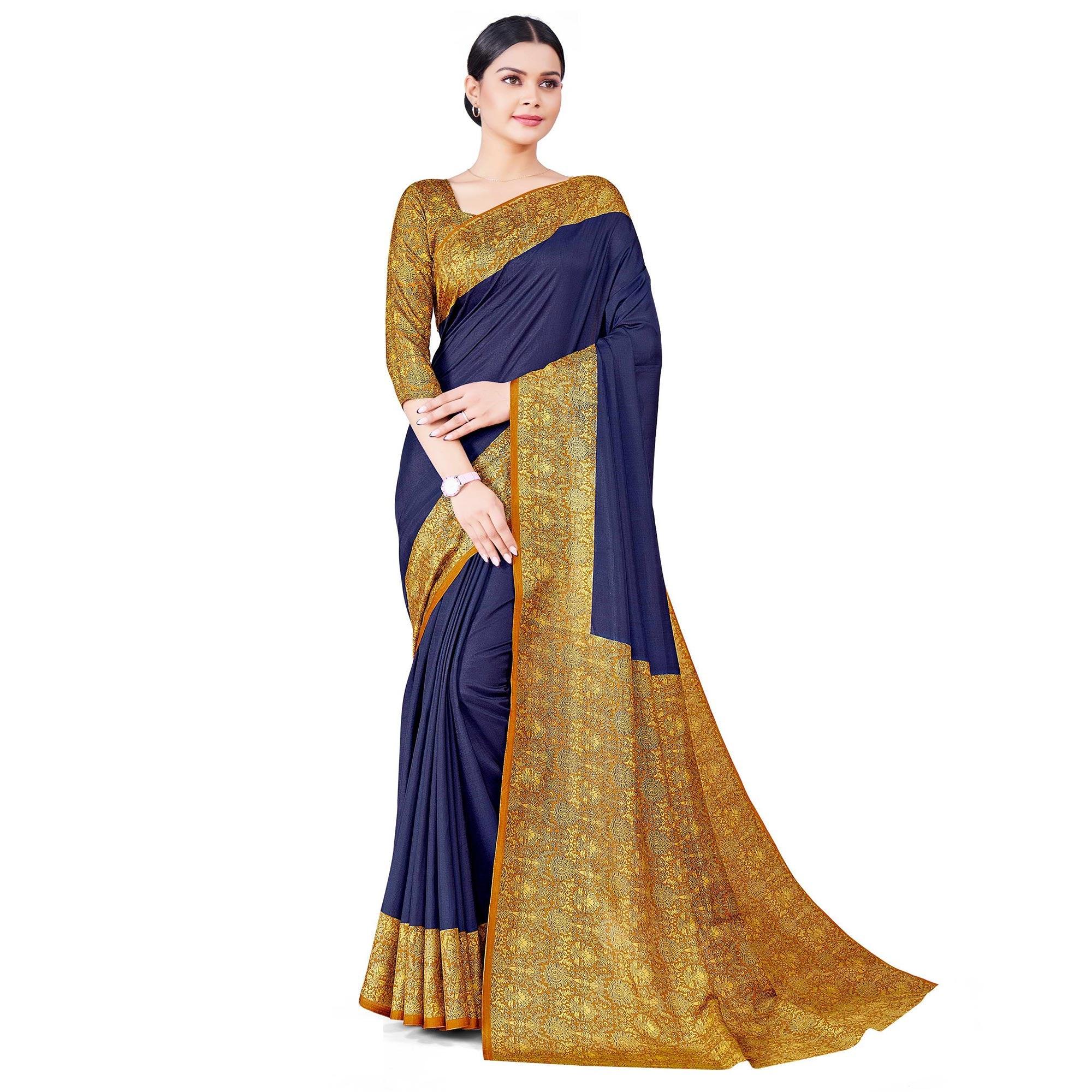Navy Blue Casual Wear Printed Art Silk Saree - Peachmode
